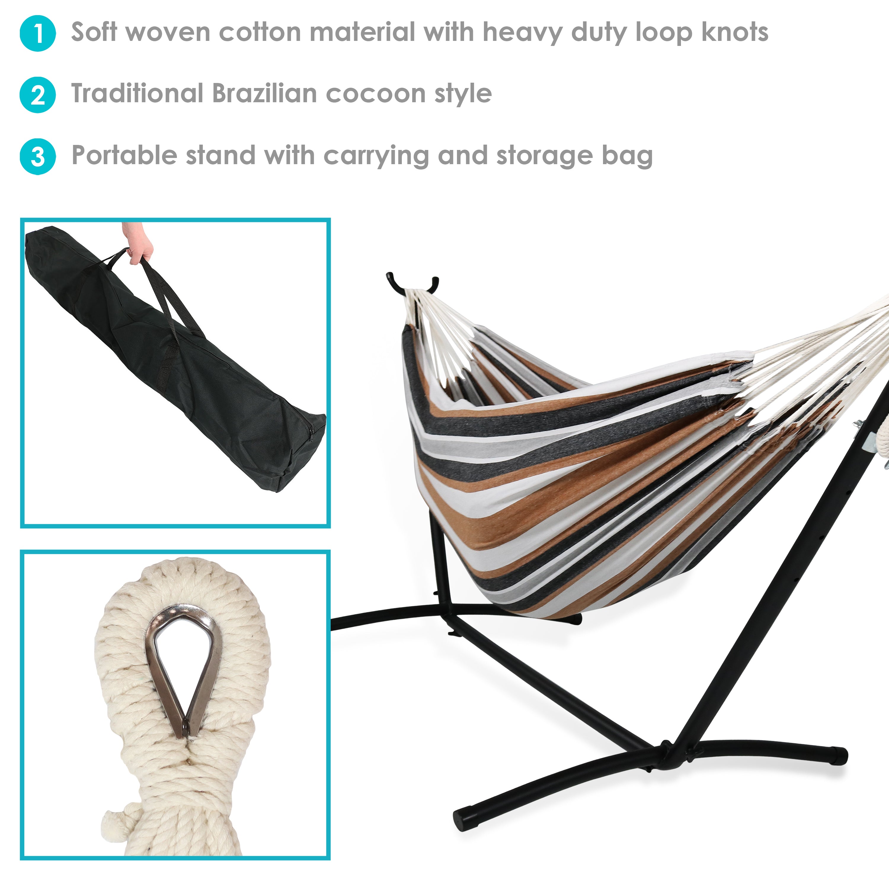 Premium Brazilian Double Hammock with Stand & Carry Bag - Heavy Duty Cotton Rope Hammock for Outdoor, Backyard, Patio & Beach Relaxation