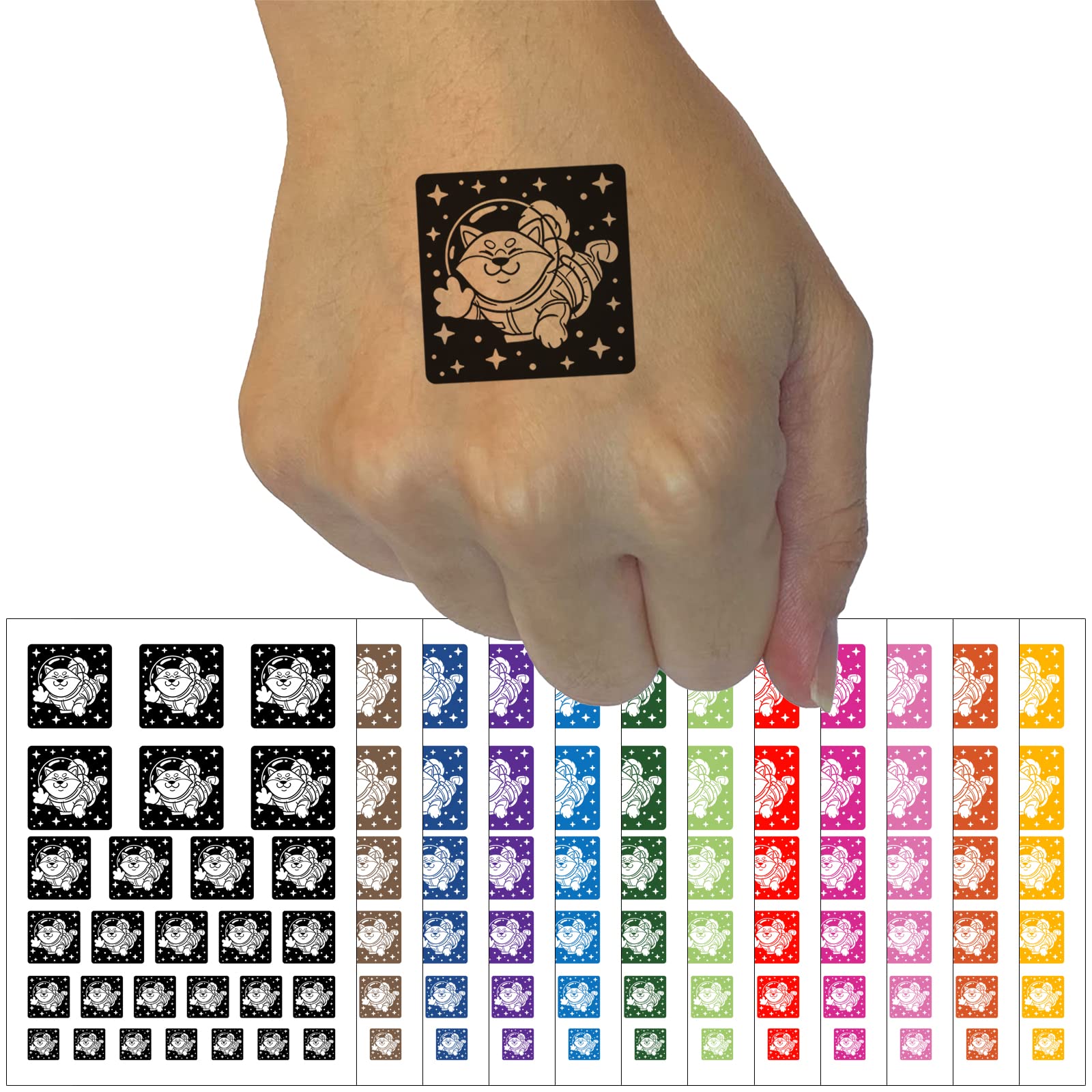 Waterproof Akita Dog Astronaut Space Temporary Tattoo Set - Black Fake Body Art for Costume Parties, Cosplay & Halloween (1 Sheet)