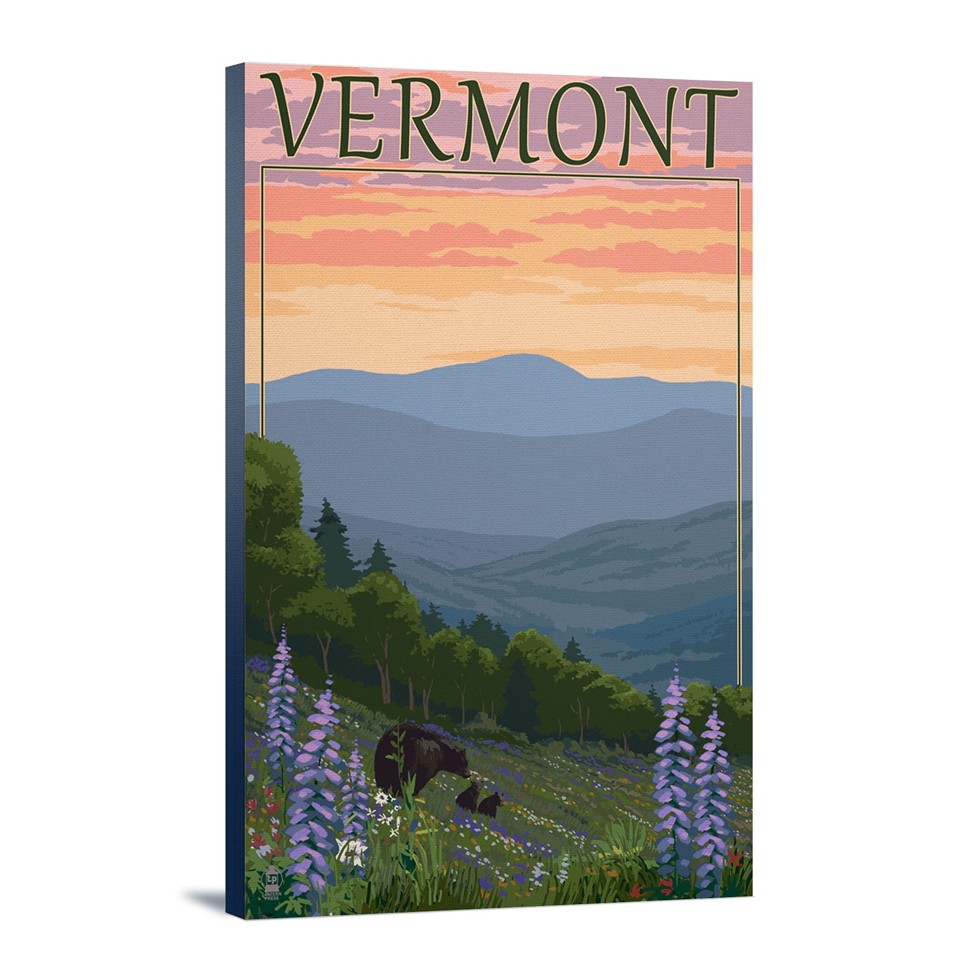 Vermont Spring Flowers and Bear Family - 24x36 Gallery Wrapped Canvas Art - Perfect for Living Room, Bedroom & Office Wall Decor