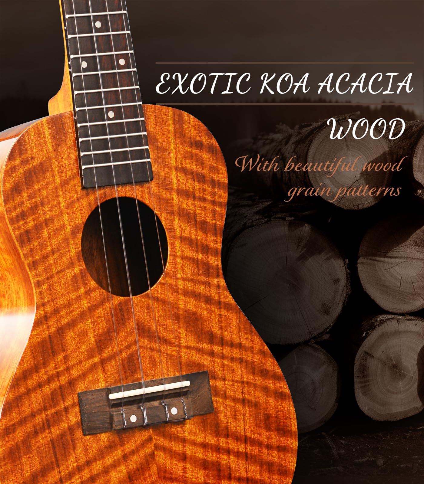 Premium KOA Acacia Wood Concert Ukulele 23 Inch - Professional Hawaiian Ukelele Kit for Adults & Beginners with Gig Bag, Tuner, Strings, Strap, Picks & Cleaning Cloth - Perfect for Music Lessons, Beach Performances & Family Gatherings