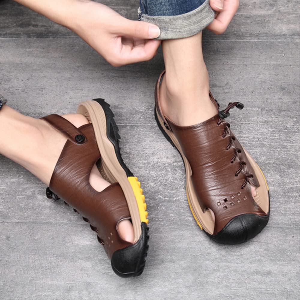 Recyphi Men's Closed Toe Sandals with Arch Support - Waterproof Leather Beach Shoes for Summer - Perfect for Walking, Travel & Outdoor Activities