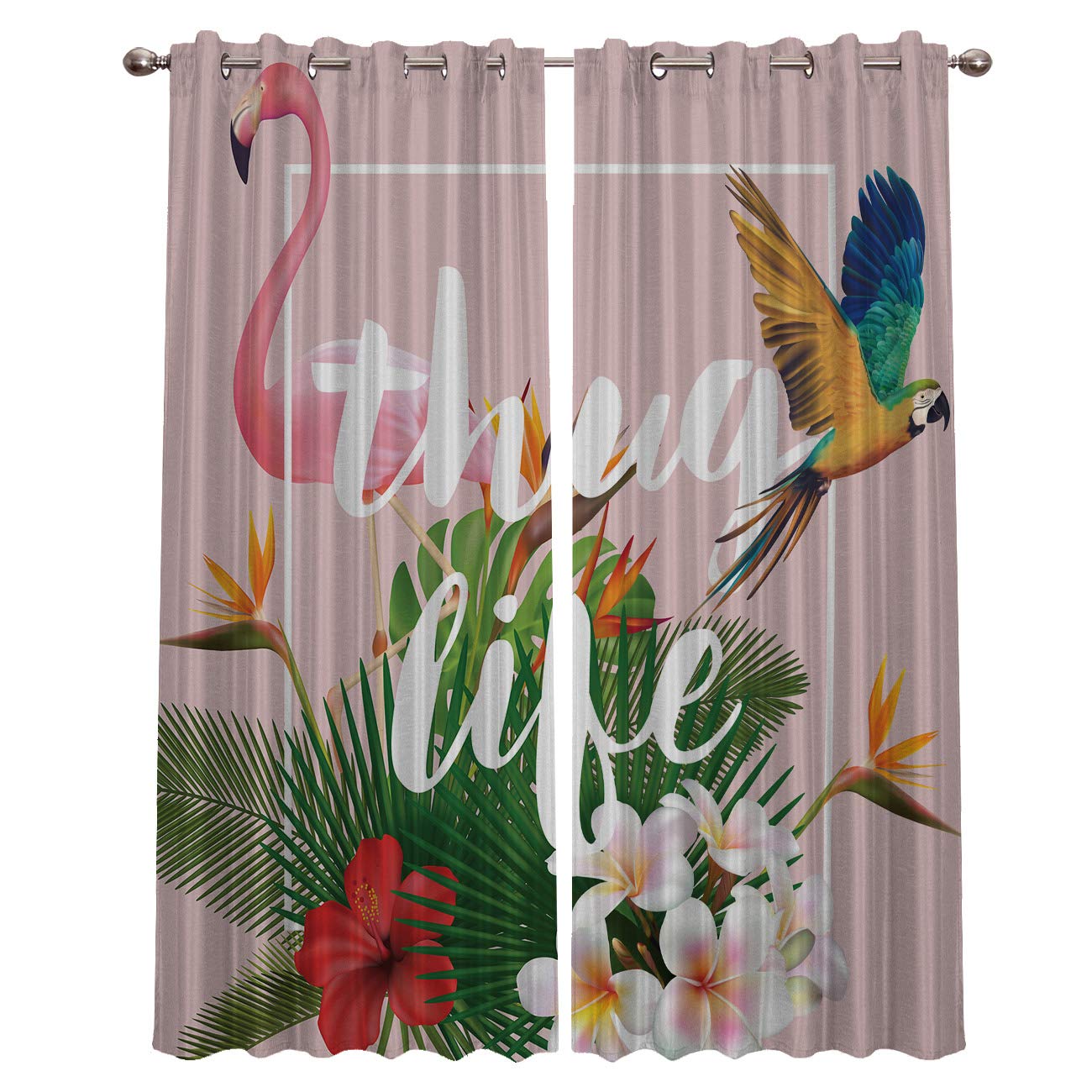 Blackout Curtains 27.5x39 Inch - Thermal Insulated Room Darkening Drapes with Pink Flamingo & Palm Leaves Design - 2 Panels Set for Living Room & Bedroom - Perfect for Home Theater, Nursery & Light Sleepers