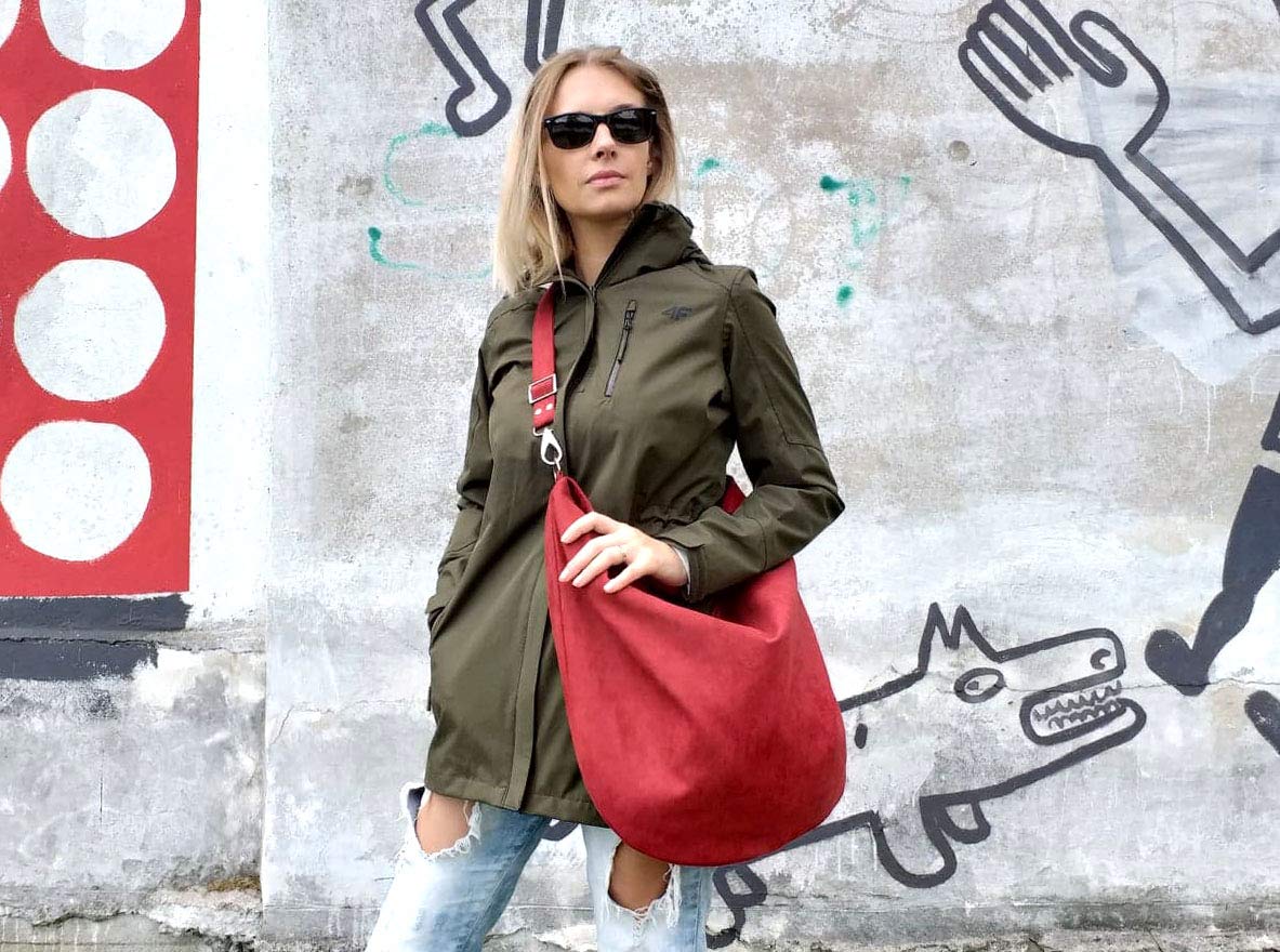 Stylish Red Hobo Bag with Adjustable Strap - Large Crossbody, Shopping, Work & School Bag in Eco Suede & Vegan Faux Leather - Perfect for Daily Commute, Office & Casual Outings