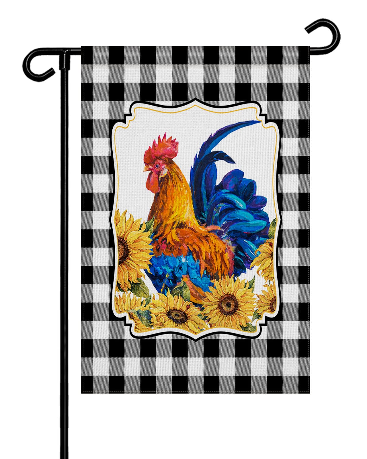 Double Sided Burlap Farm Rooster Garden Flag - Black & White Plaid Sunflower Welcome Banner - 28x40 Inch Seasonal Vertical Yard Decoration for Patio, Lawn, Farmhouse Outdoor Decor | Perfect for Summer, Fall & Country Themed Gardens