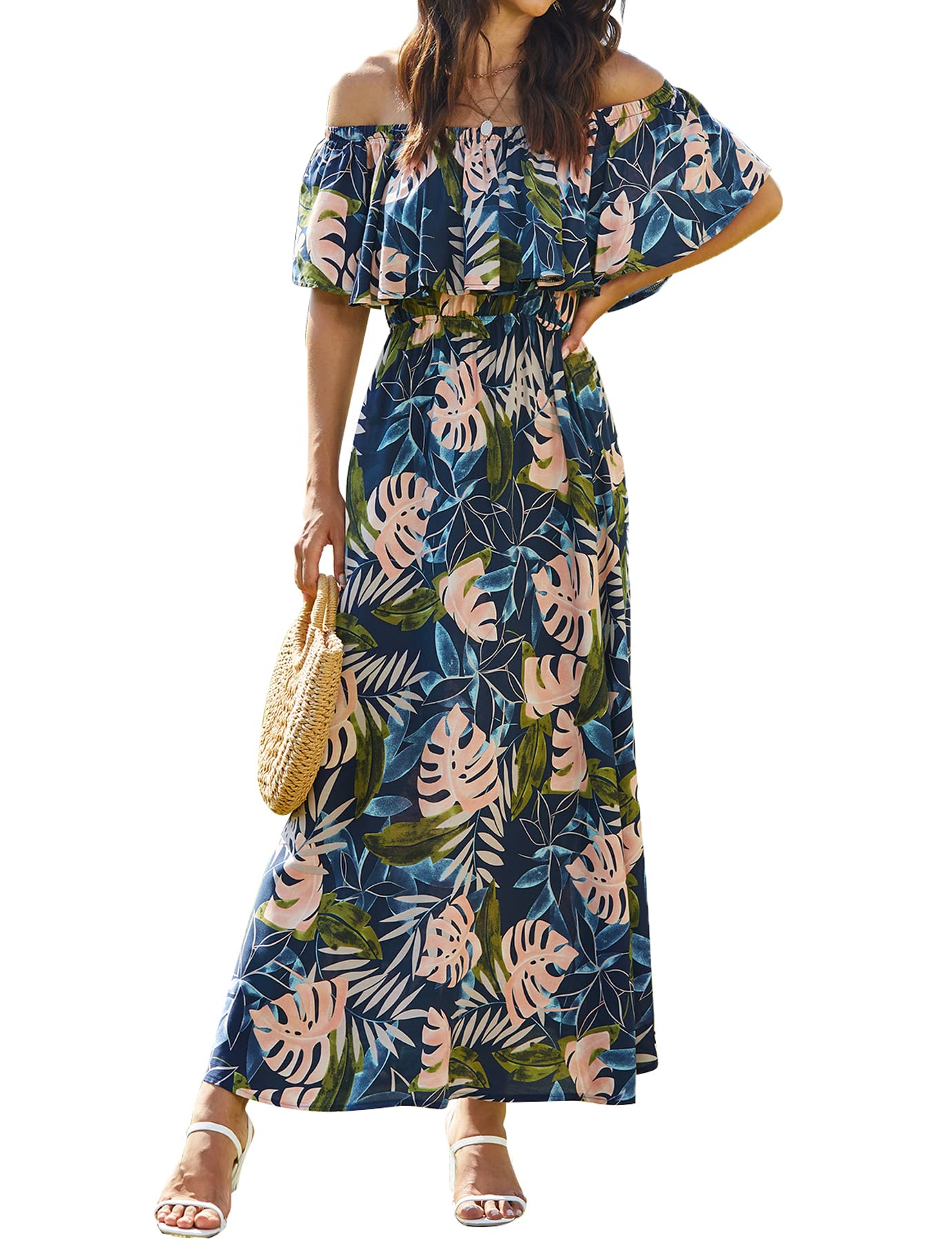 Bluetime Women's Maxi Dress - Off Shoulder Floral Print Boho Beach Long Summer Dress for Vacation, Party & Casual Wear | Lightweight & Comfortable