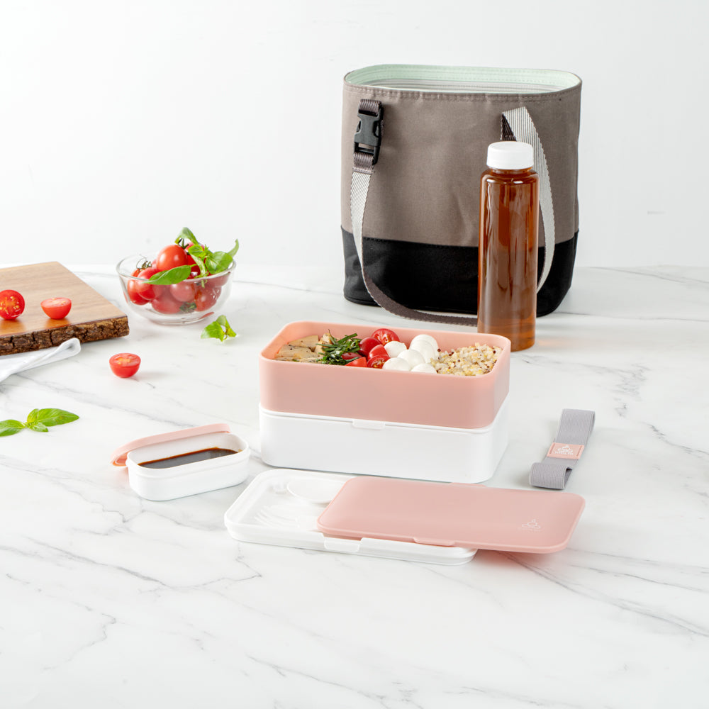 Bento Tek 41 oz Pink and White Buddha Lunch Box with Utensils & Sauce Cup | All-in-One Meal Prep Container | 7.25