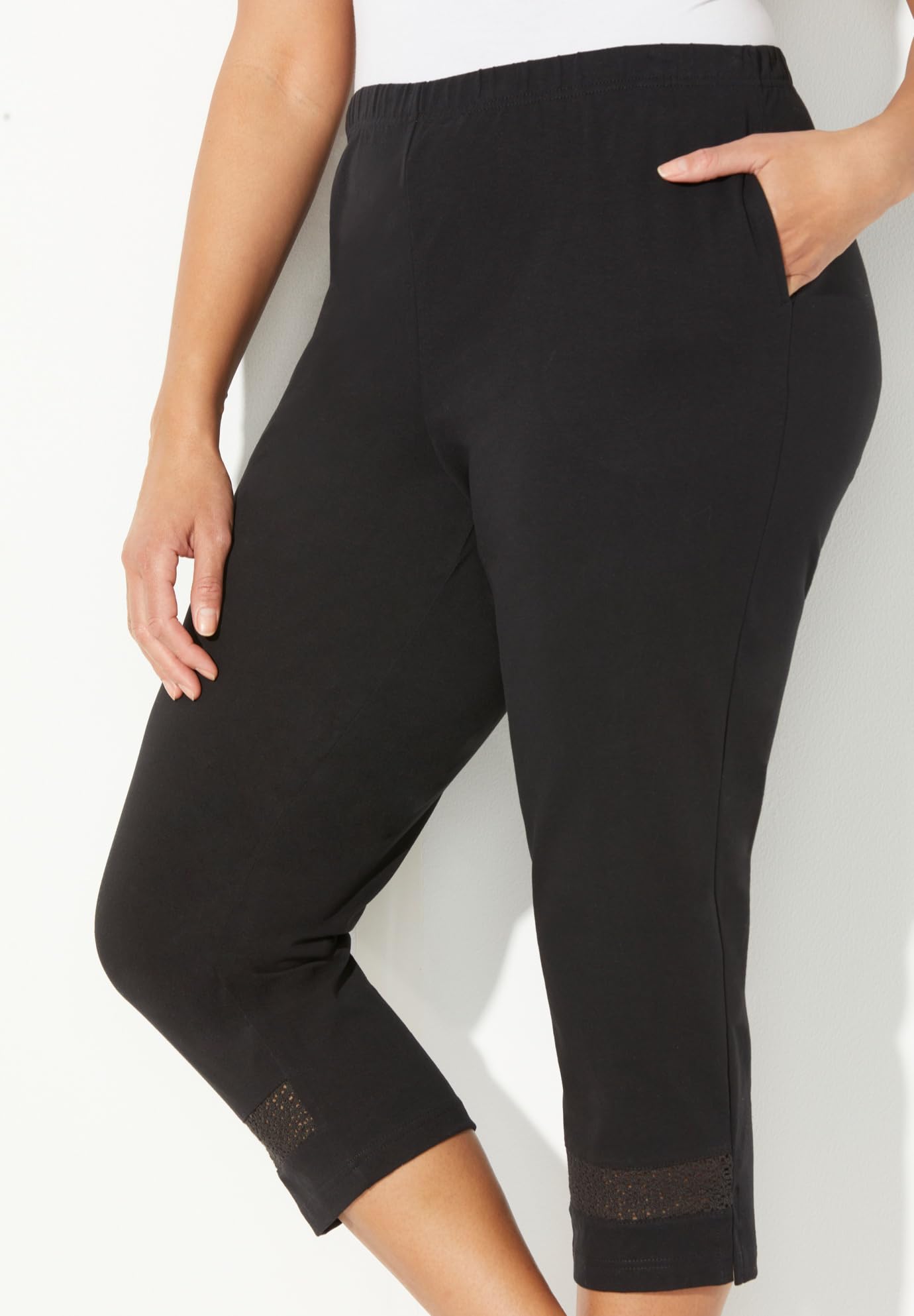 Catherine's Women's Plus Size Petite Suprema Crochet Trim Capri Pants - Comfortable & Stylish for Casual Wear, Summer Outfits & Beach Vacations