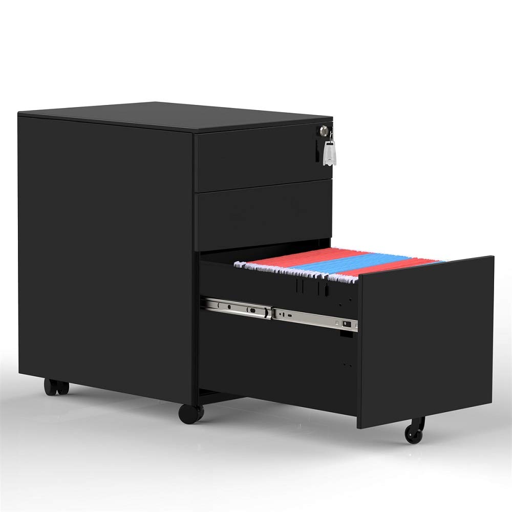 3-Drawer Mobile File Cabinet with Lock - Rolling Under Desk Storage Organizer, Fully Assembled Black File Cabinet for Office, Home & School Use