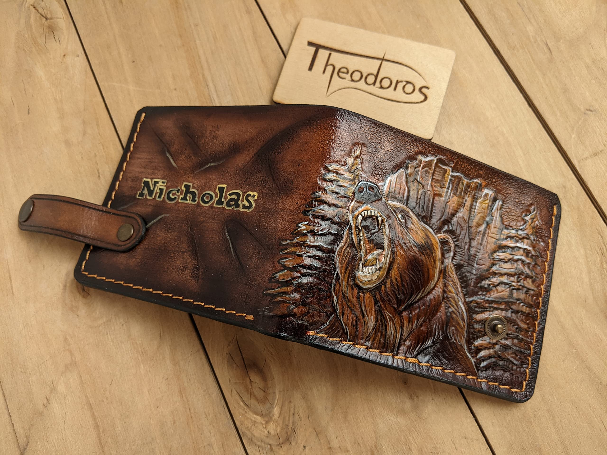 Grizzly Bear Forest Hunter Hunting Mens 3D Genuine Leather Bifold Wallet - Handmade Carved Tooled Leather Wallet with Airbrush Art - Perfect Gift for Outdoorsmen & Nature Lovers