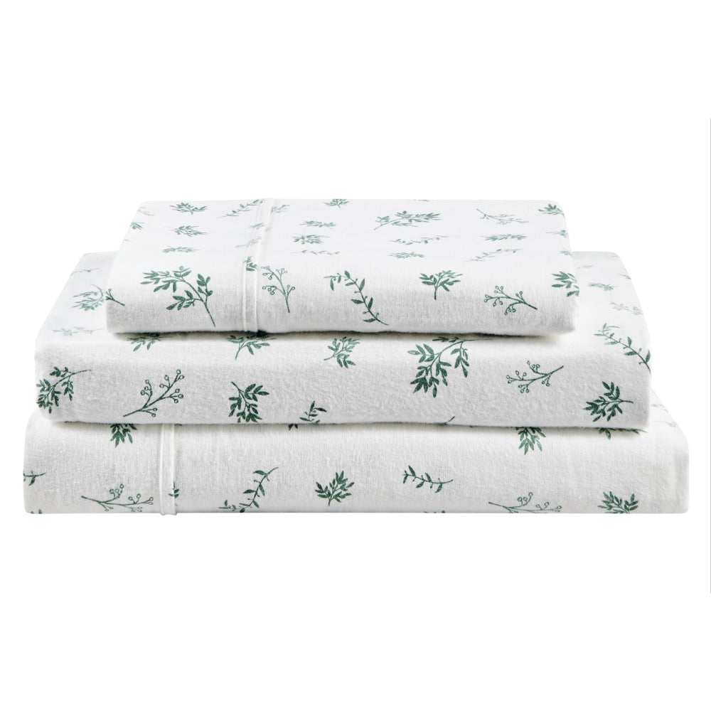 150GSM Flannel Bed Sheet Set with Leaves Print - King Size, Soft & Cozy Green Sheets for Winter Warmth - Perfect for Bedrooms, Guest Rooms & Cozy Nights