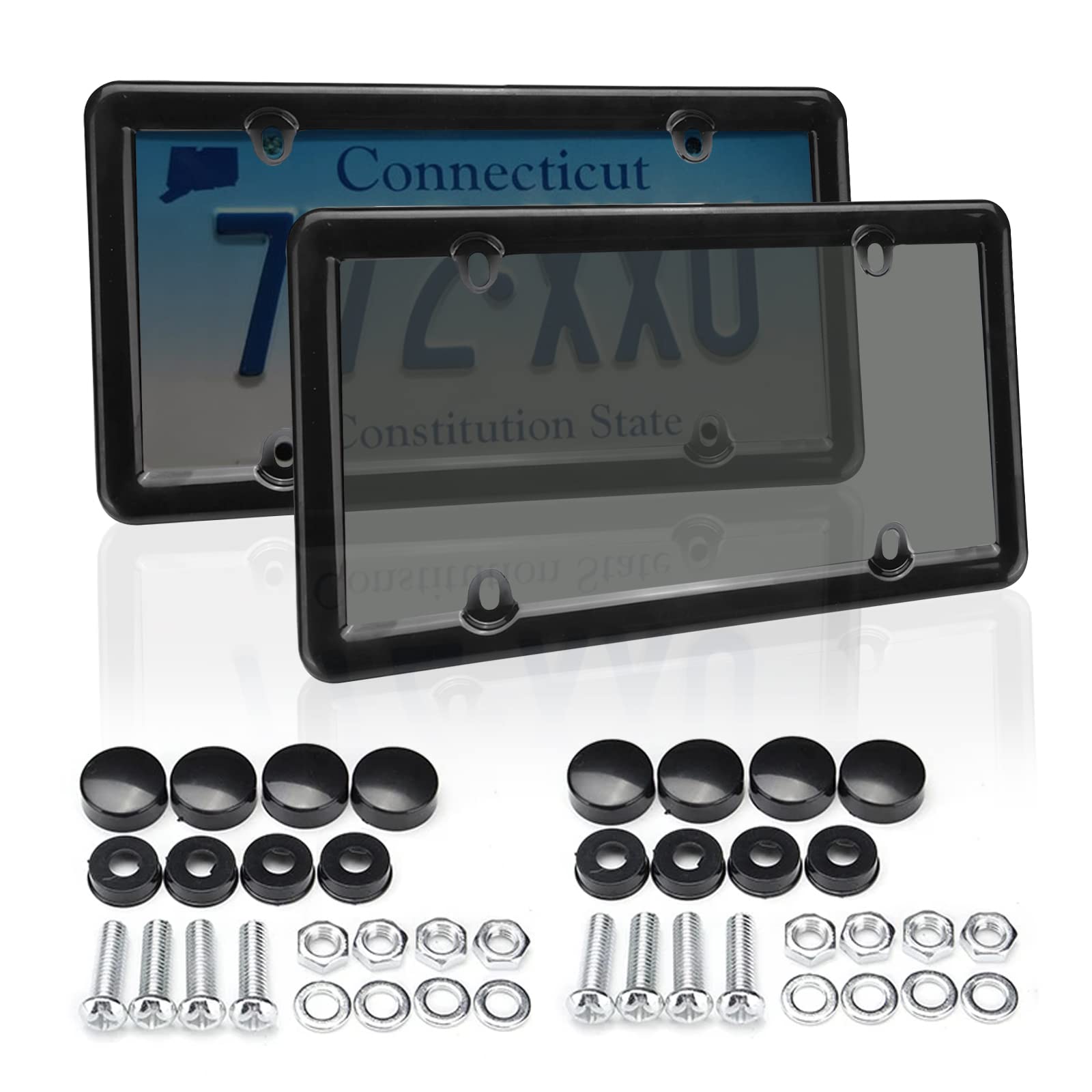 Kingsea 2-Pack Unbreakable Tinted License Plate Cover Frames - UV Resistant, Smoke & Black & Clear Plate Protectors for Cars, Trucks & SUVs - Durable Weatherproof Shield for All Driving Conditions