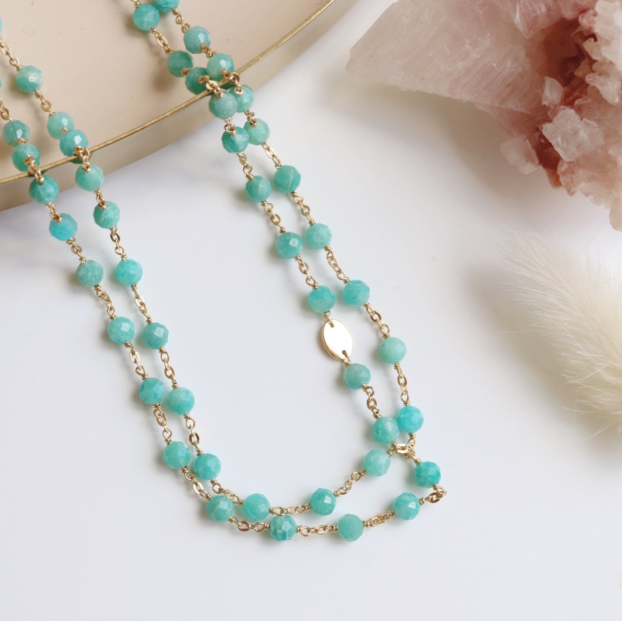 Aqua Amazonite and Gold Long Beaded Necklace - Elegant Statement Jewelry for Women, Perfect for Weddings, Parties & Everyday Wear - 34 Inch