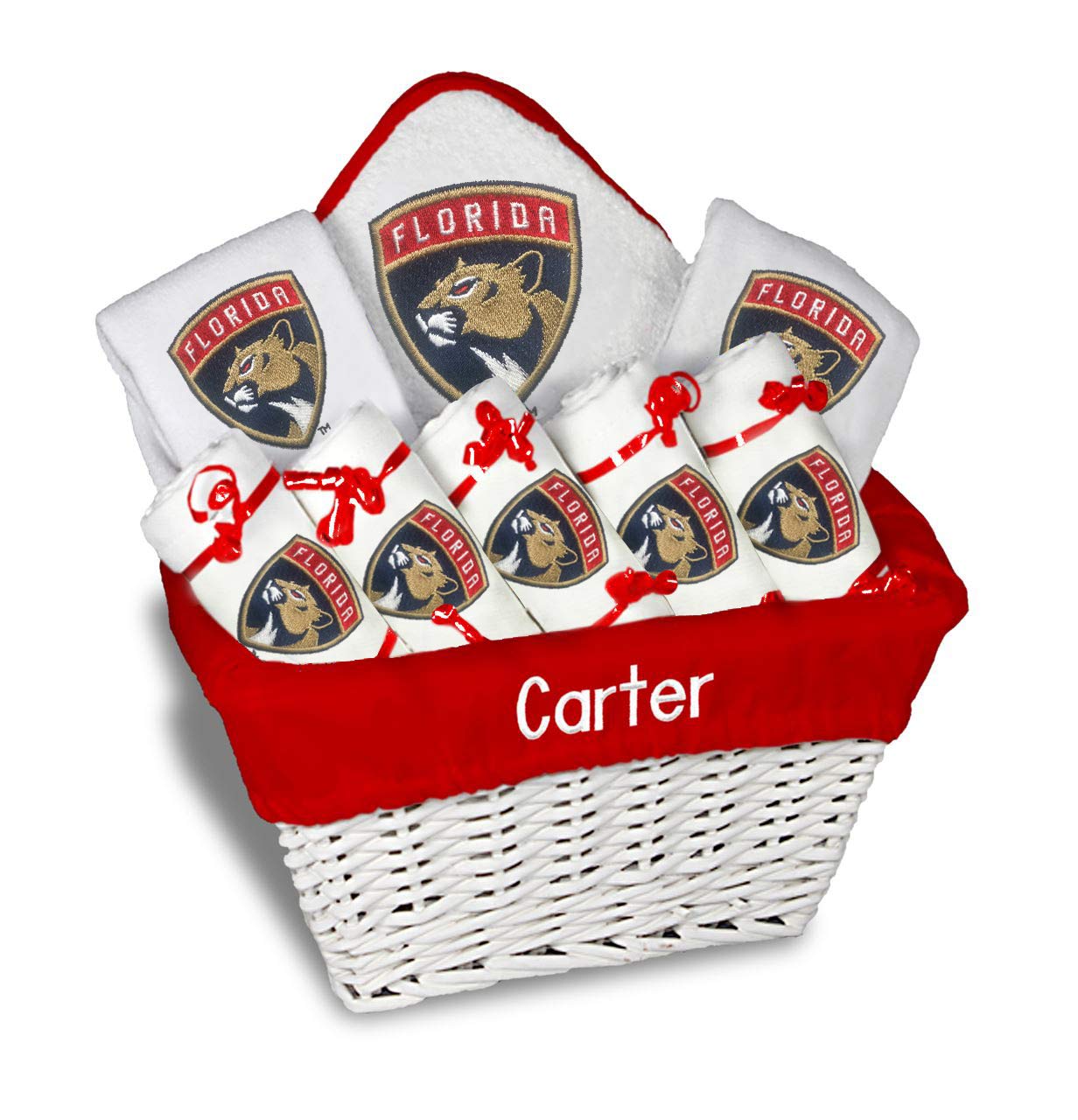 Florida Panthers Officially Licensed Personalized Baby Gift Basket Set - Newborn Bibs, Burp Cloths & Hooded Towel | Perfect Baby Shower Gift & Nursery Essentials for Panthers Fans