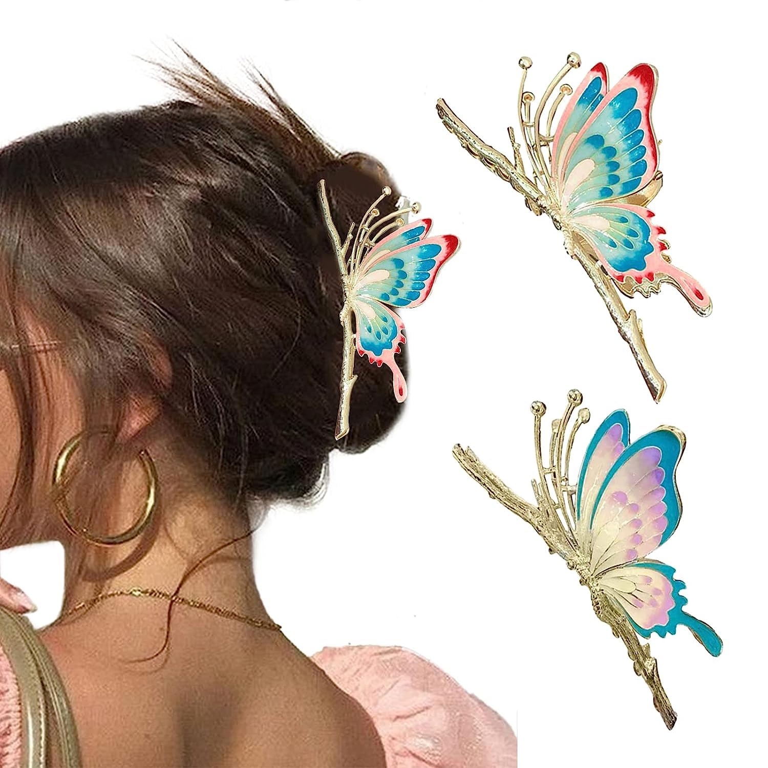 Vintage Butterfly Hair Clips - Large Metal Hair Claw Clips for Women & Girls, Hair Styling Accessories (Purple & Green) | Perfect for Parties, Weddings & Everyday Hairstyles