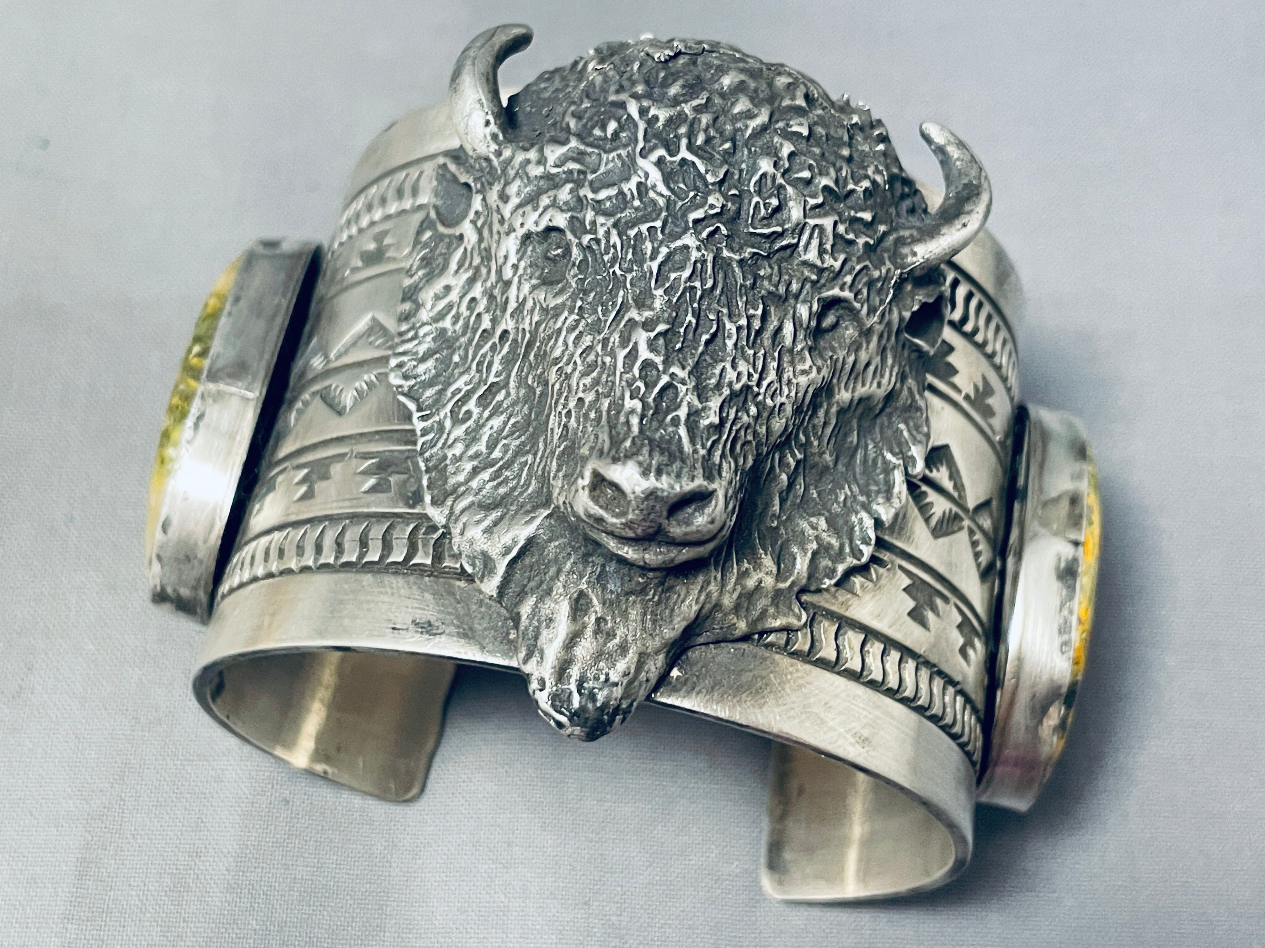 202 Grams Native American Bison Yellow Jasper Sterling Silver Bracelet - Handmade Spiritual Jewelry for Women, Men - Perfect for Meditation, Healing & Boho Fashion