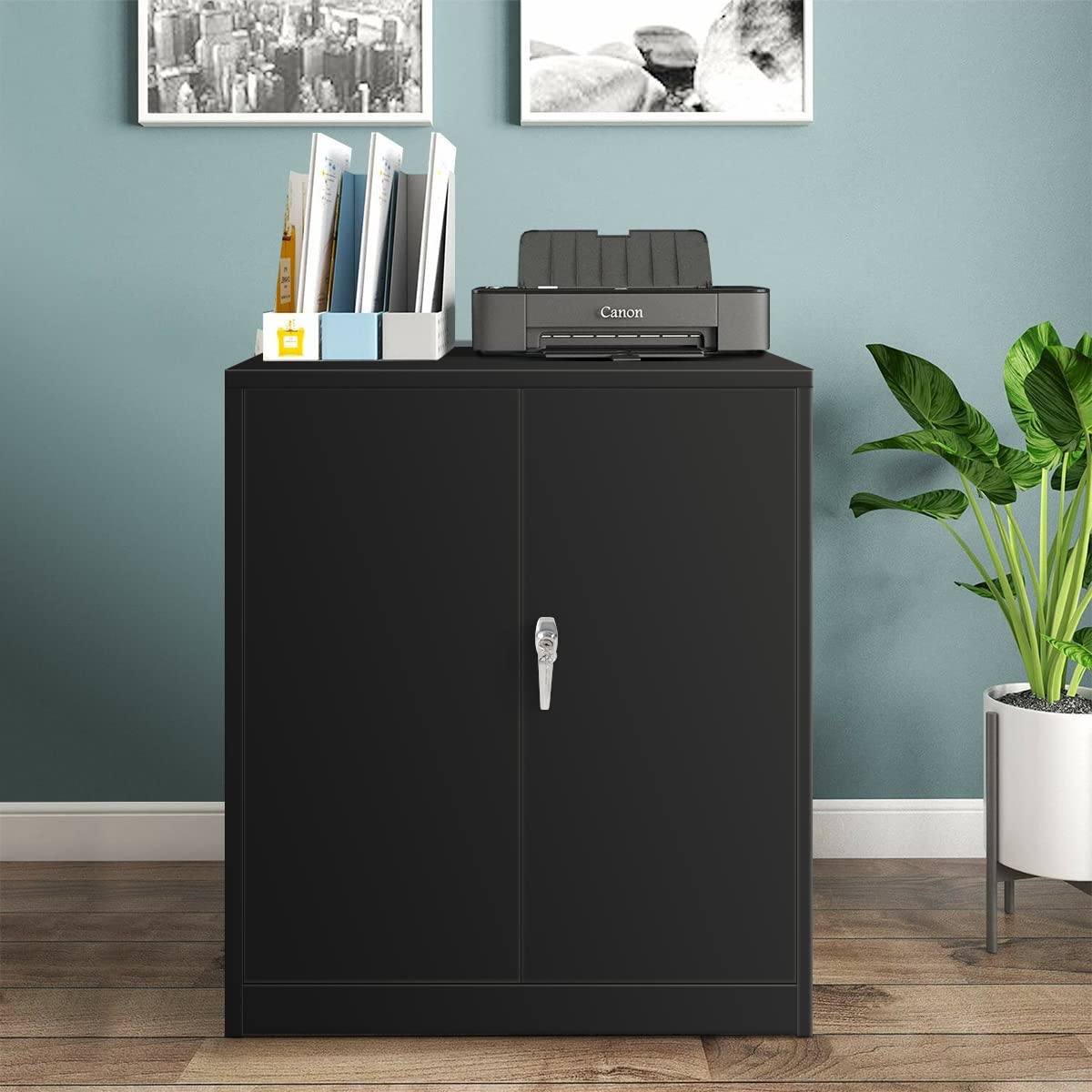 Superday Black Metal Storage Cabinet - Lockable Steel Cabinet with Doors & 2 Adjustable Shelves, Heavy Duty Office & Home Storage Solution for Garage, Workshop, and Utility Rooms