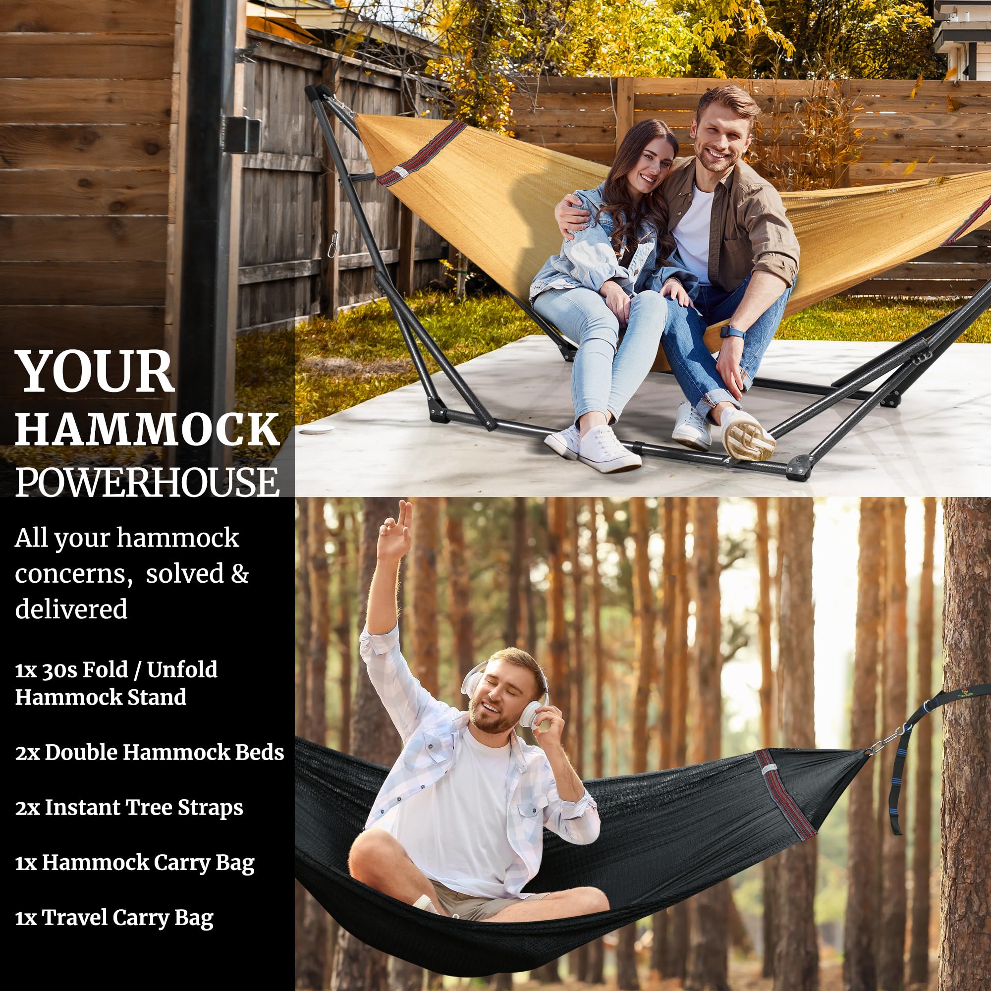 Premium 2-Person Hammock Set with Heavy Duty Stand & Tree Straps - 600lb Capacity for Indoor, Outdoor, Patio & Backyard Use - Includes 2 Hammocks & Portable Carrying Bags (Yellow) - Perfect for Relaxation, Camping, and Backyard Lounging