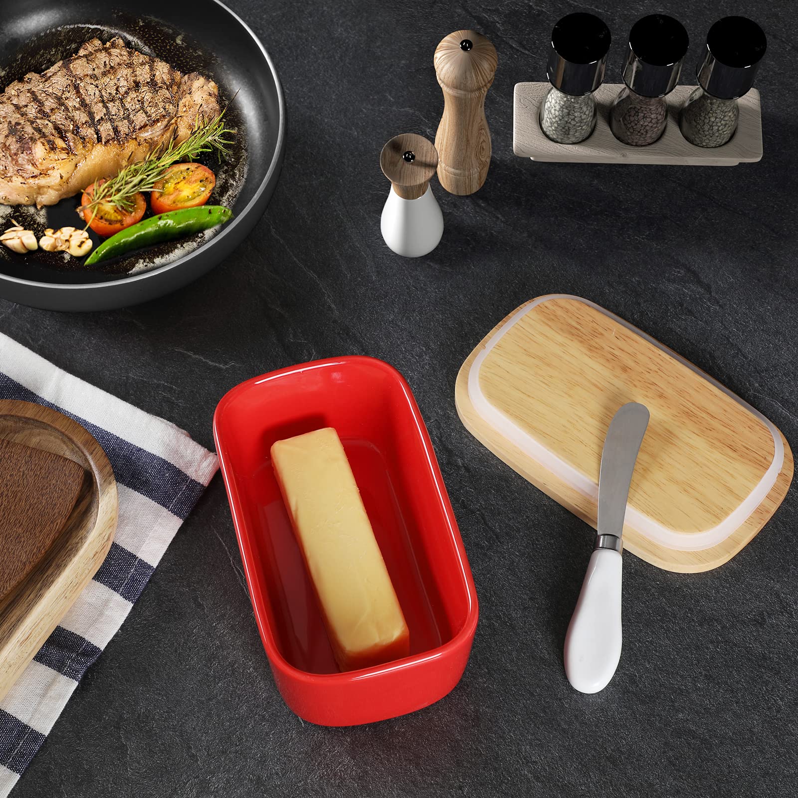 Premium Large Ceramic Butter Dish with Silicone Seal - Natural Wood Lid & Stainless Steel Butter Knife - Elegant Kitchen Decor & Practical Countertop Butter Keeper - Perfect Housewarming Gift (Red) - Ideal for Breakfast Tables, Bakeries & Farmhouse Kitchens