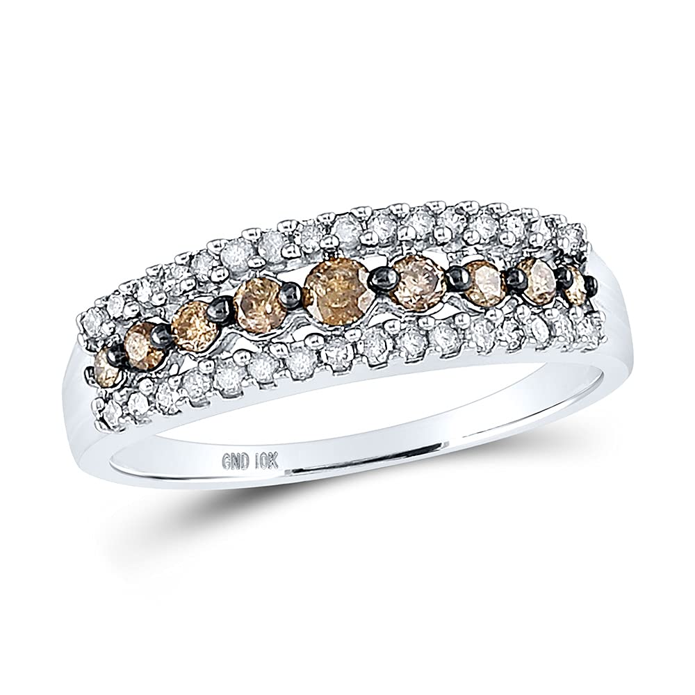 10K White Gold Women's Round Brown Diamond Triple Row Band Ring 1/2 CTTW - Elegant Stackable Ring for Wedding, Anniversary & Everyday Jewelry