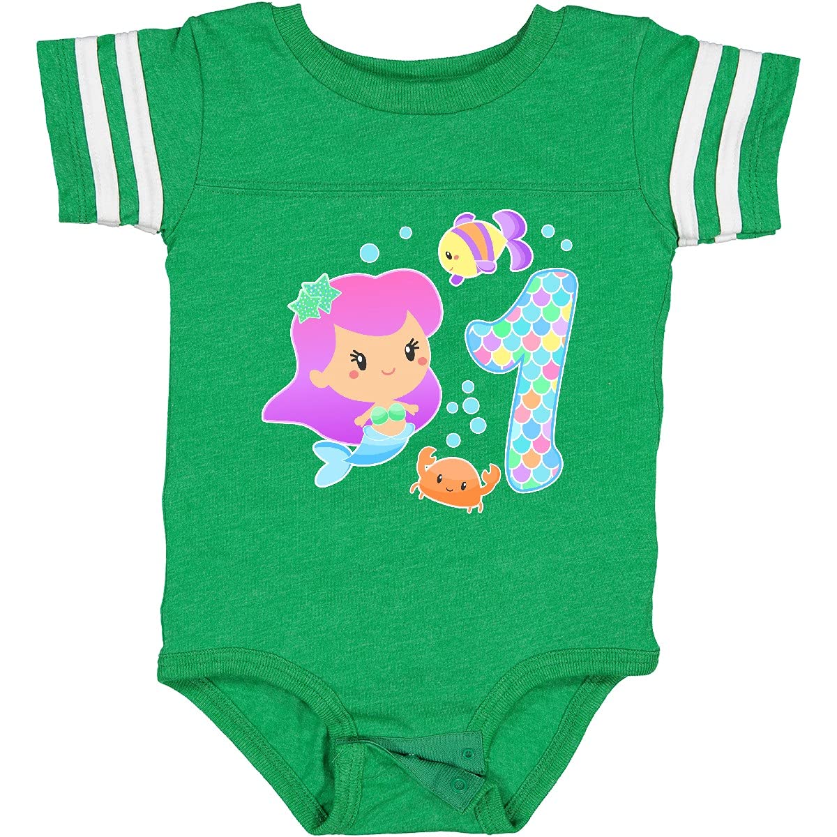 Inktastic First Birthday Mermaid with Fish and Crab Baby Bodysuit - Cute 1st Birthday Outfit for Girls, Soft Cotton Baby Bodysuit for Mermaid Theme Party, Photo Shoot & Special Occasions