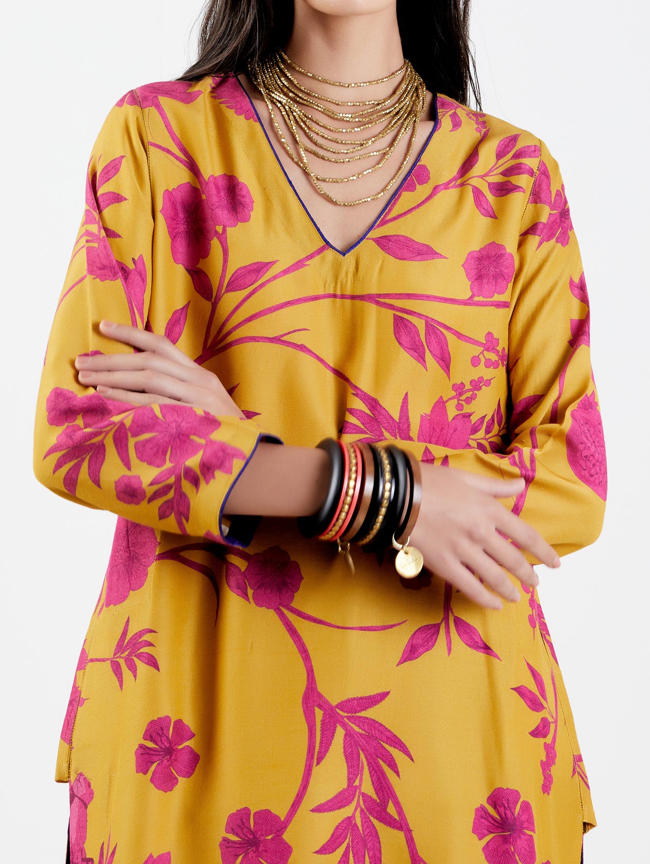 Elegant V Neck Kurta for Women - Premium Muga Satin Fabric - Comfortable & Stylish Indian Ethnic Wear - Perfect for Festivals, Weddings & Special Occasions