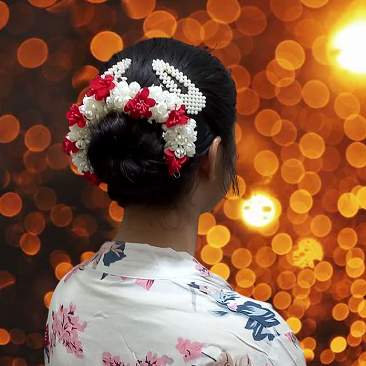 Anagha Hair Accessories for Bun Making - 2-Piece Set of Mogra & Two-Tone Fabric Flower Gajra for Bridal Hairstyles | Perfect for Weddings, Parties & Traditional Indian Events
