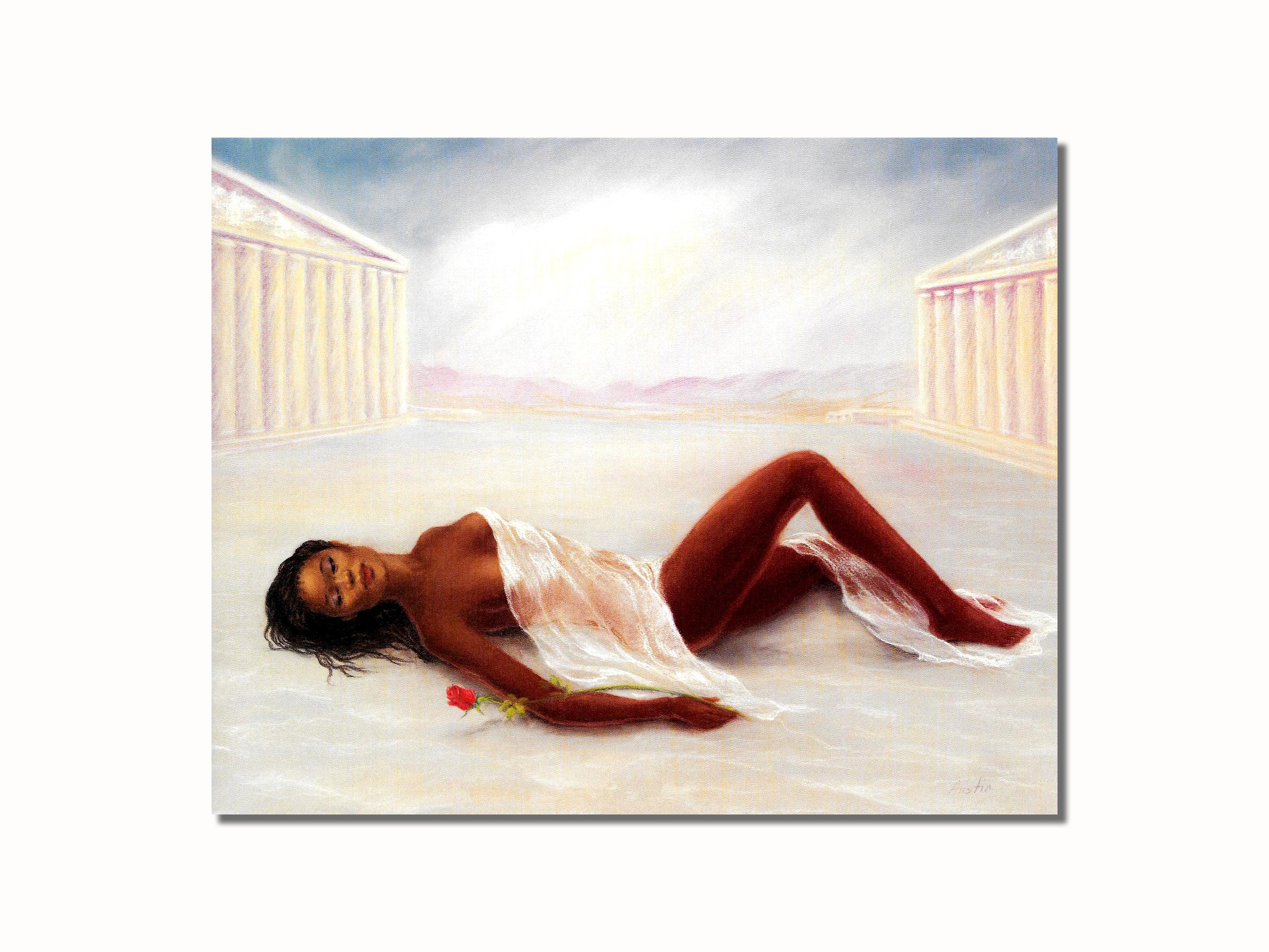 African American Angel Wall Art Print - 8x10 Lying with Rose Between Greek Buildings, Black Art Decor for Home & Office - Perfect for Living Room, Bedroom, or Gift