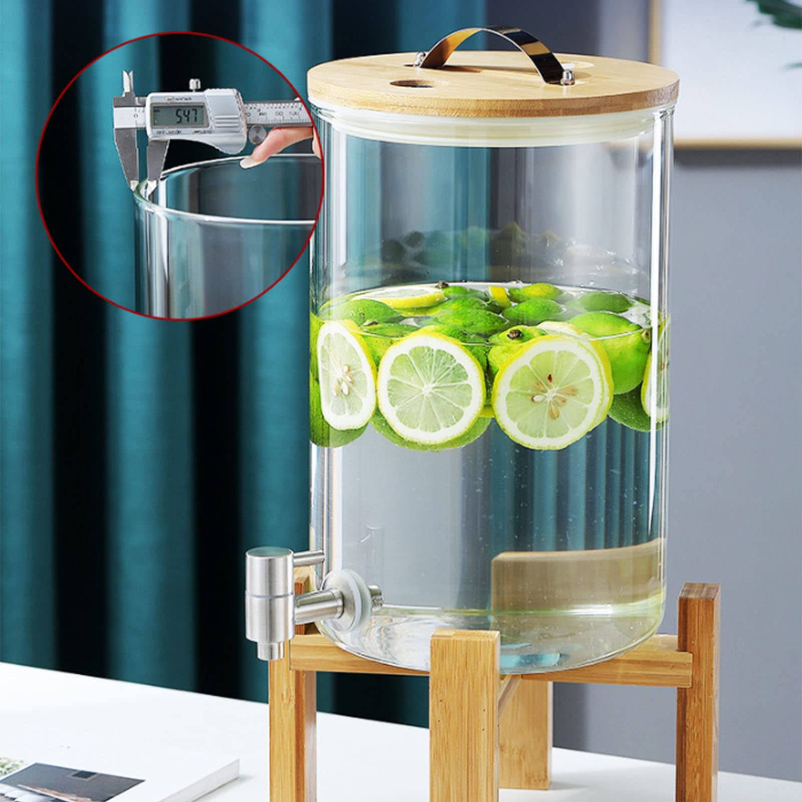 Premium 7.5L Glass Drink Dispenser with Wooden Stand - Stainless Steel Faucet & Airtight Bamboo Lid - Elegant Beverage Dispenser for Parties, Weddings, BBQs & Outdoor Events (20x20cm/8x8inch) - Perfect for Lemonade, Iced Tea & Cocktails
