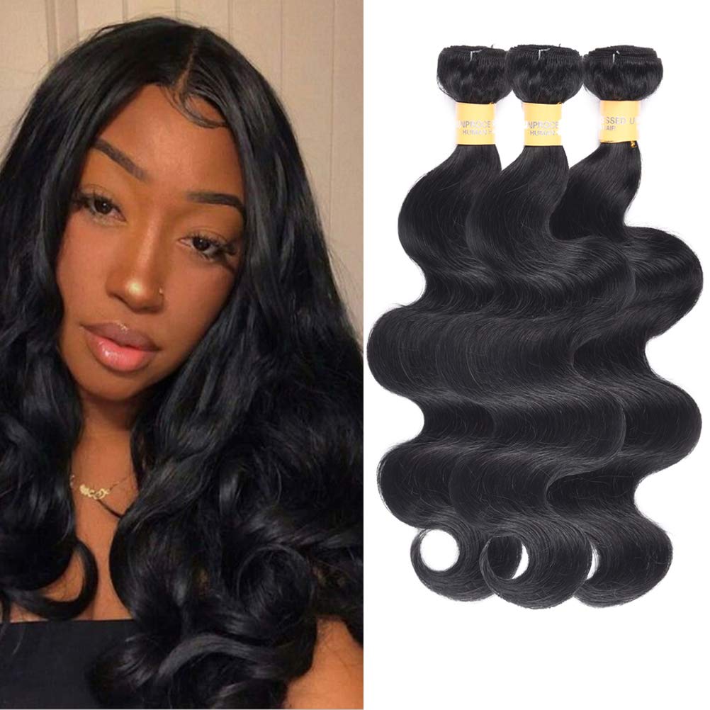 WOME Brazilian Human Hair Bundles 100% Natural Black Body Wave Hair Weaves - 3 Bundles Human Hair Extensions (16
