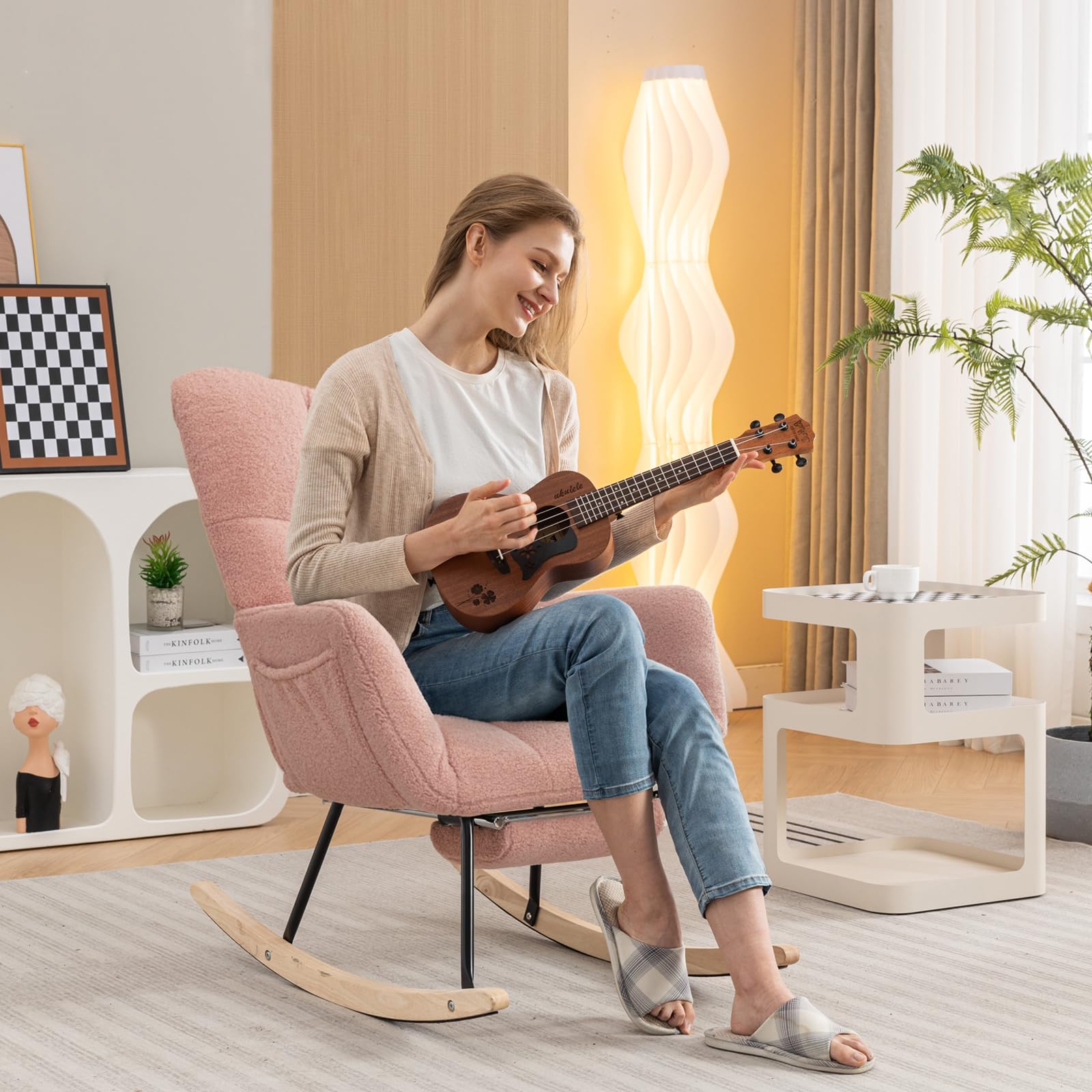 FOXHUNTER Nursery Rocking Chair - Adjustable Footrest Glider Recliner with High Back Support, Soft Teddy Upholstery, Pink Rocking Chair for Nursery, Bedroom & Reading | Perfect for Nursing, Relaxing & Storytime