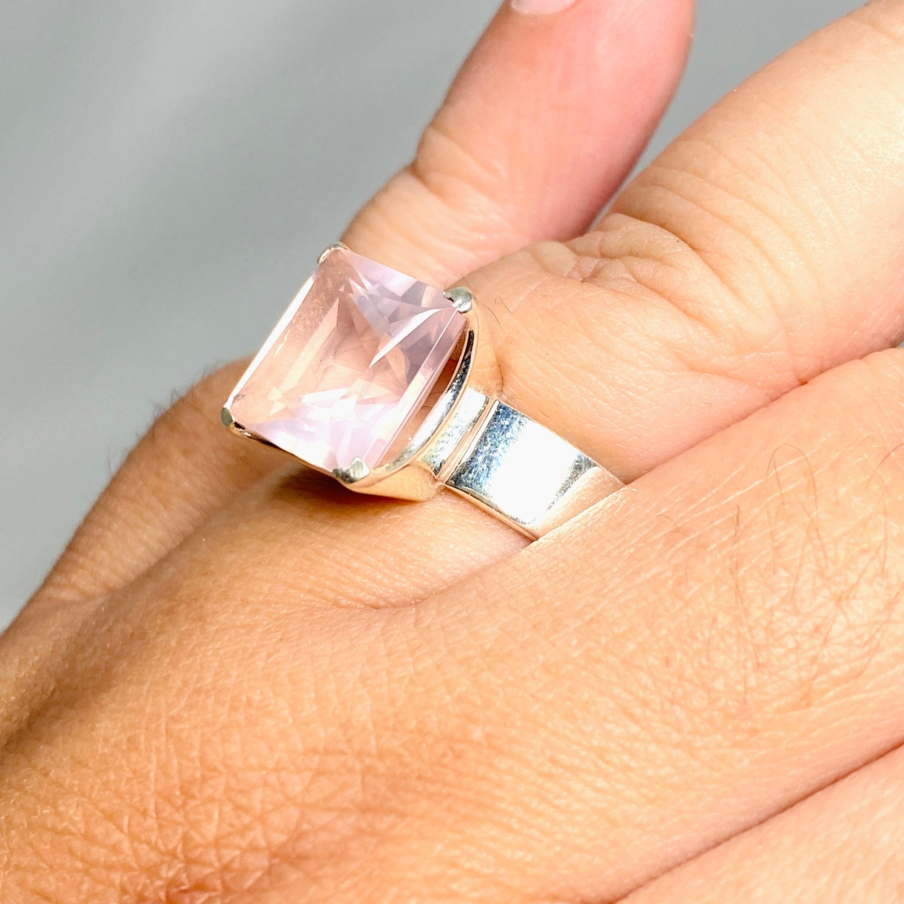 Rose Quartz Faceted Square Ring Size 11.5 PRGJ427 - Elegant Healing Crystal Jewelry for Women, Perfect for Meditation, Yoga & Spiritual Gifts
