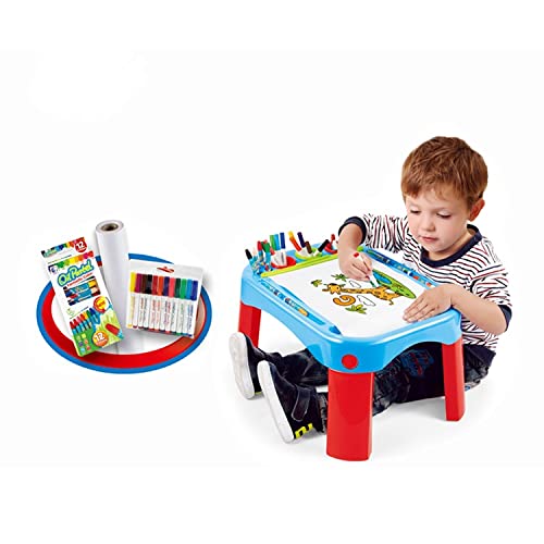 Healthustoy Kids Study Desk Set with 12 Washable Markers & 12 Non-Toxic Crayons - Adjustable Children's Drawing Table with Storage Drawer & Smooth Rollers - Creative Learning & Coloring Activity Station for Toddlers Ages 3-6 (Blue) - Perfect for Homeschooling, Preschool Activities & Bedroom Study Space
