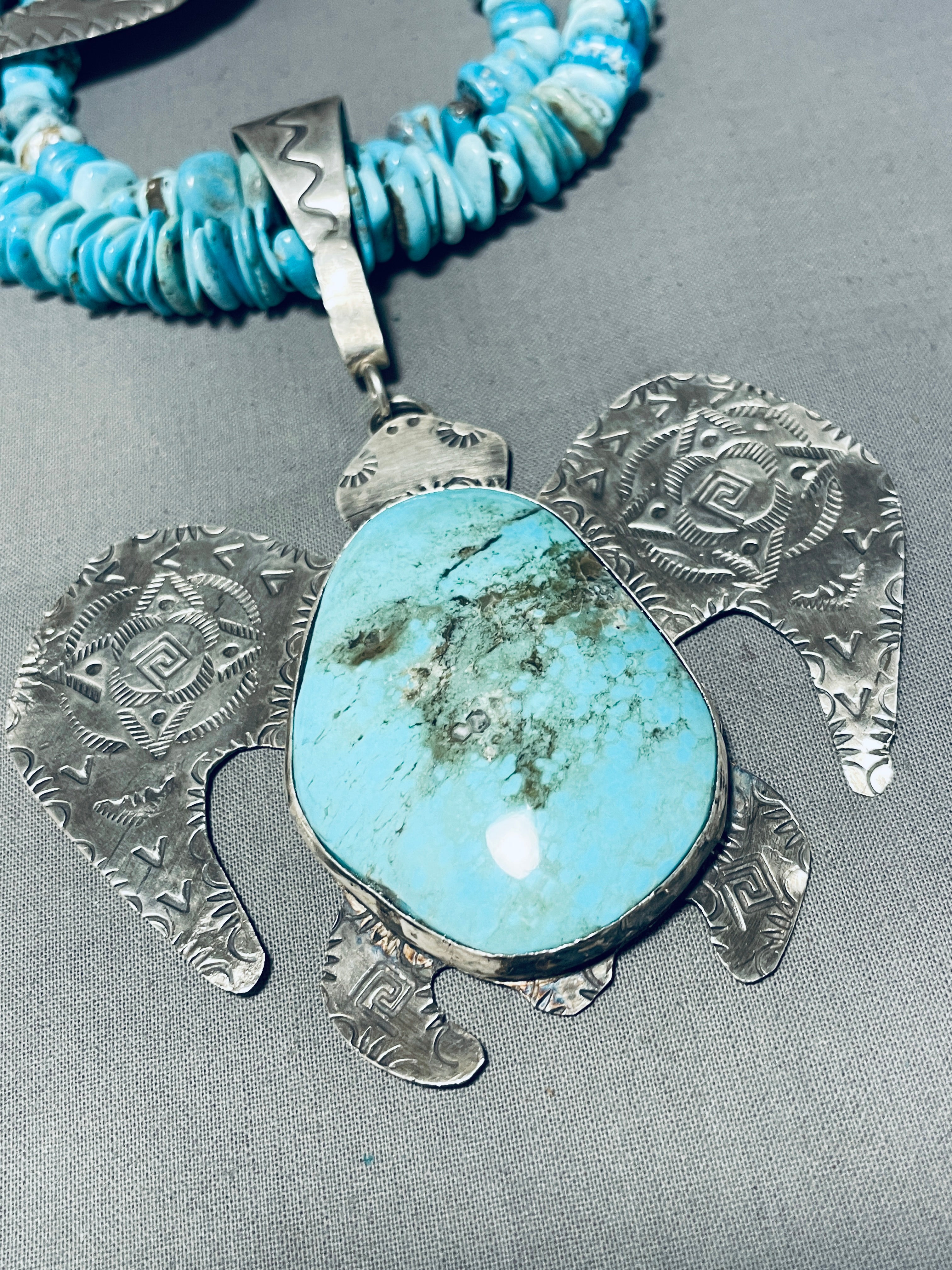 319 Grams Navajo Turquoise Sterling Silver Turtle Necklace - Authentic Native American Jewelry for Women, Handmade Southwest Style Pendant for Gifts & Special Occasions