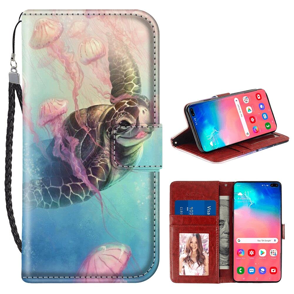 Samsung Galaxy S10 Plus Wallet Case - Premium PU Leather Flip Cover with Card Slots & Sea Turtle Jellyfish Design | Slim Protective Phone Case for Samsung Galaxy S10+ | Perfect for Business, Travel & Everyday Use
