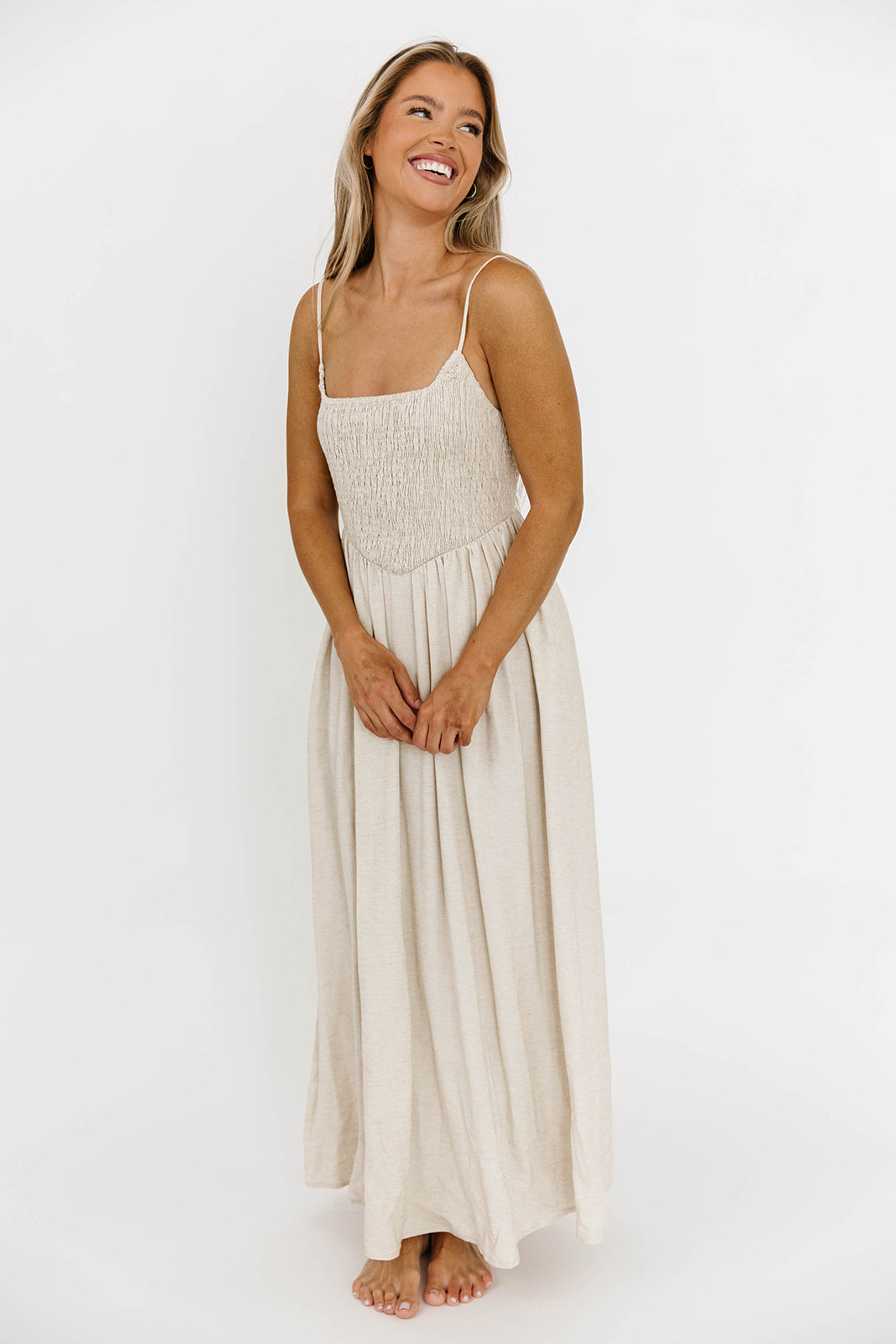 Josefina Smocked Maxi Dress in Natural - Bump Friendly Maternity Dress for Pregnancy & Nursing | Perfect for Baby Showers, Beach Vacations & Summer Weddings