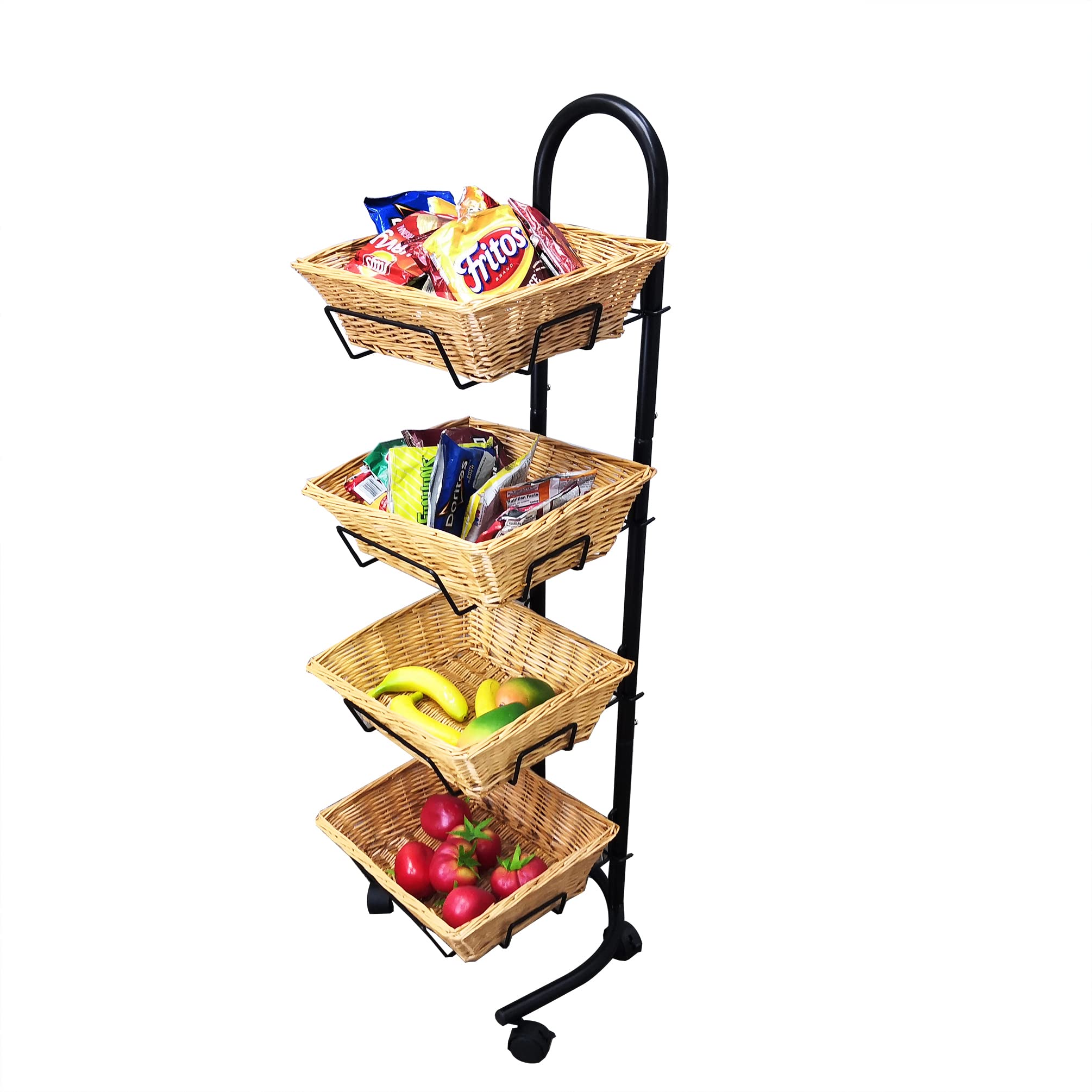 FixtureDisplays® 4-Tier Rolling Wicker Basket Display - Mobile Kitchen Pantry Organizer & Market Merchandiser Stand with Wheels - Perfect for Grocery Stores, Farmers Markets, and Home Storage Organization