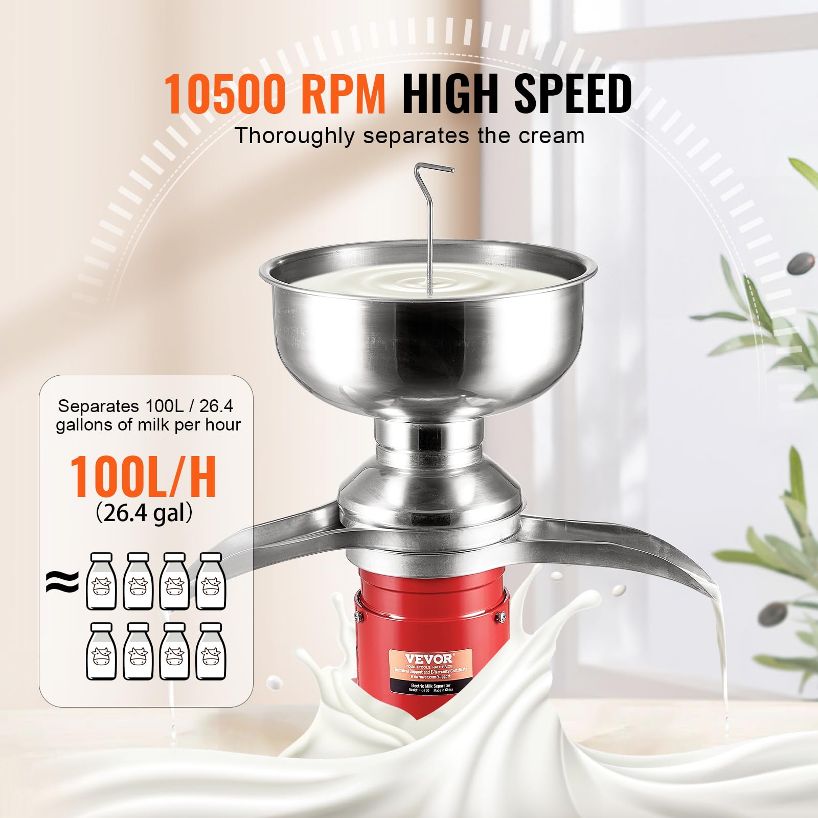 VEVOR 304 Stainless Steel Electric Cream Separator - 100L/H High Speed Centrifuge for Goat Milk & Dairy Processing (10500 RPM, Red) | Perfect for Farm Fresh Milk, Cheese Making & Home Dairy Production