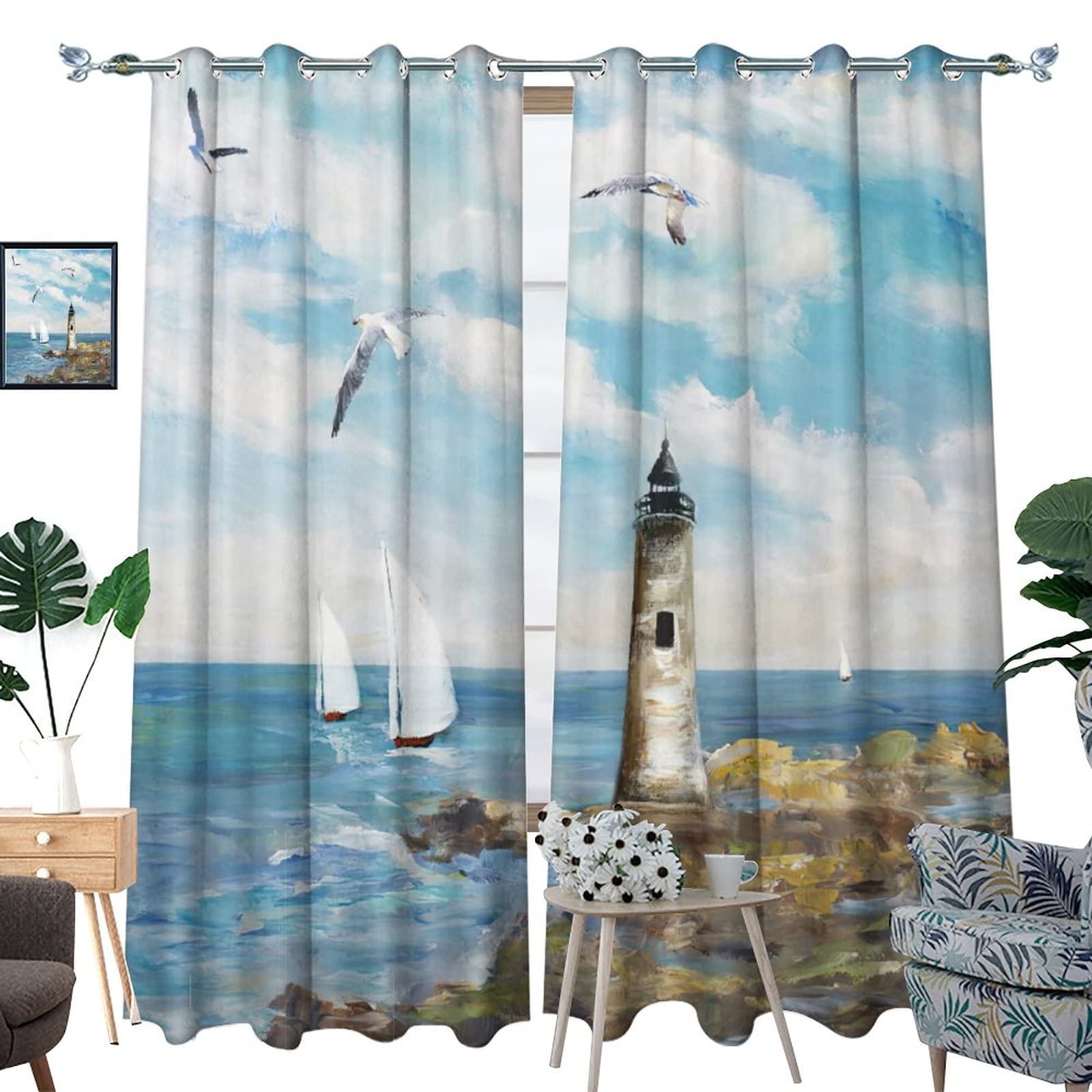 Nautical Lighthouse Seagull Ocean Waves Blackout Curtains - Thermal Insulated Room Darkening Grommet Curtain Panels for Bedroom & Living Room (2 Panels, 63