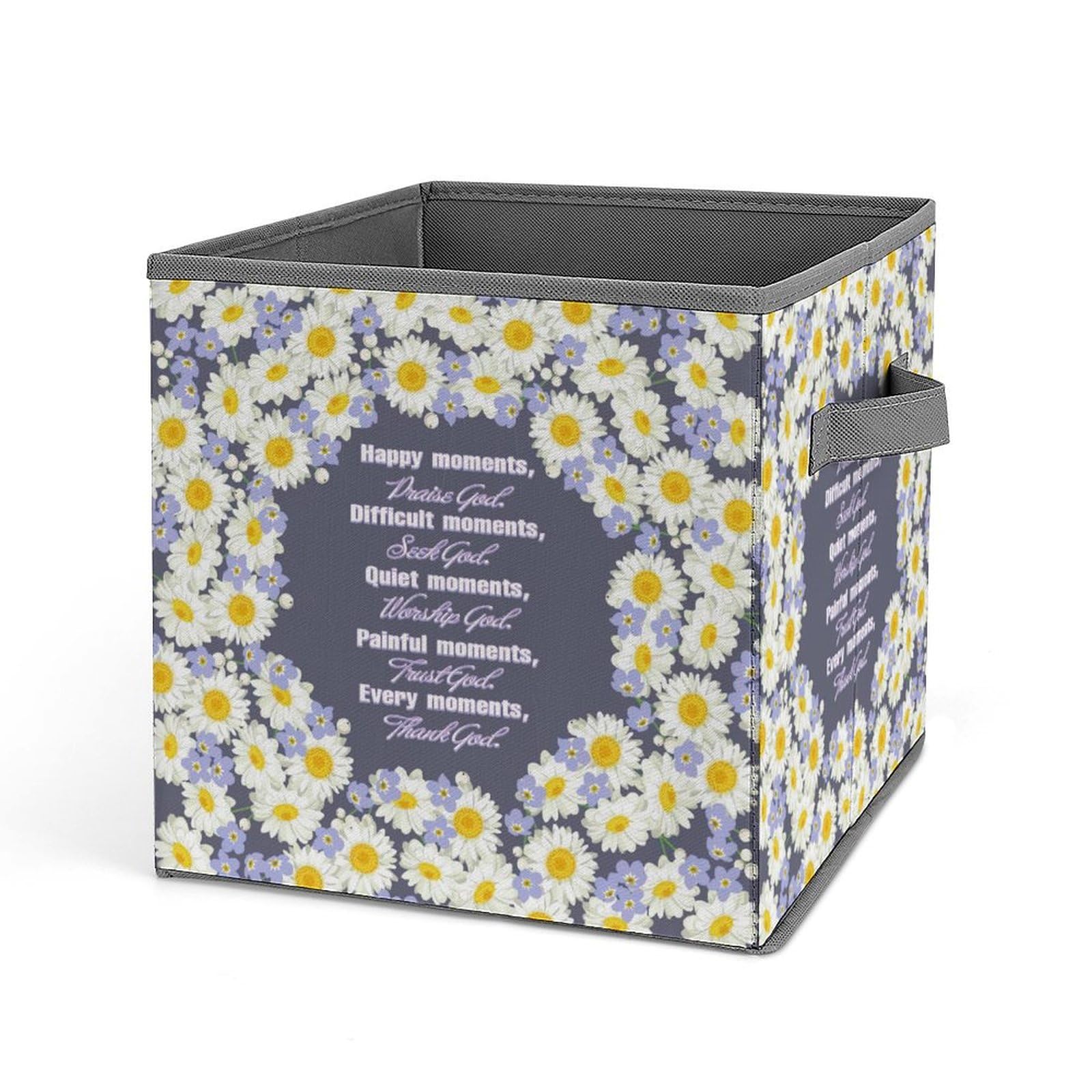 Religious Bible Verse Daisies Purple Foldable Storage Bins - 1 Pack Collapsible Storage Basket with Handles (10.6 Inch Cube) for Nursery, Closet, Clothes, Shelves & Books Organization | Perfect for Home, Office & Church Storage Solutions