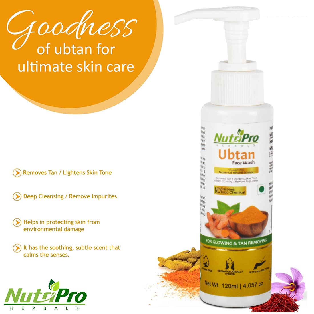 NutriPro Ubtan Turmeric Face Wash - Natural Glow & Tan Removal Cleanser | Silicone & Paraben Free 240ml (2 Pack) | Brightening Skincare for Daily Use & Post-Sun Care