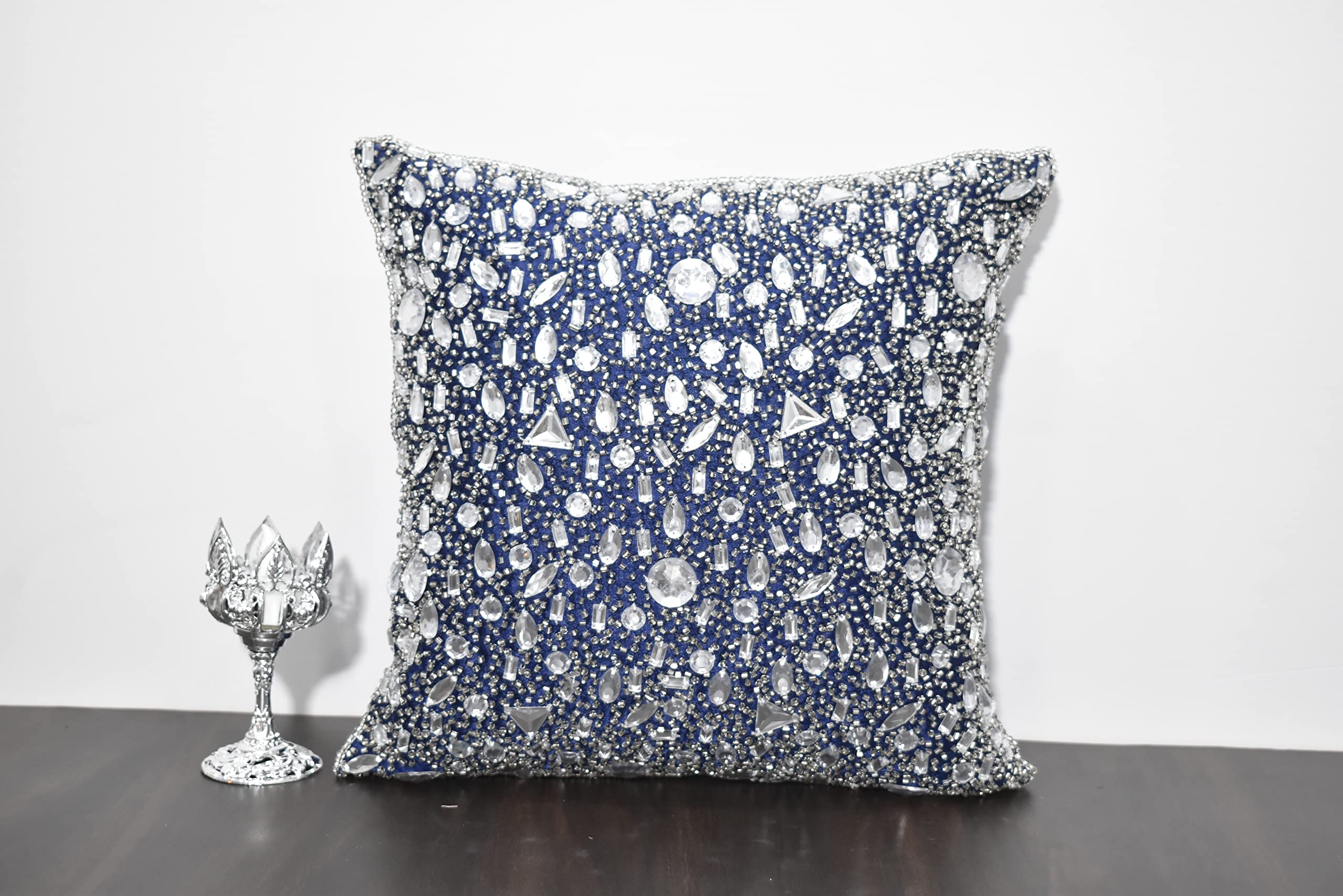 Luxury Navy Blue Silver Beaded Throw Pillow Cover - Handmade Embroidered Decorative Pillow for Sofa, Bed, Couch - Modern Contemporary Embellished Custom Design (26x26 Inches) - Perfect for Living Room, Bedroom Decor