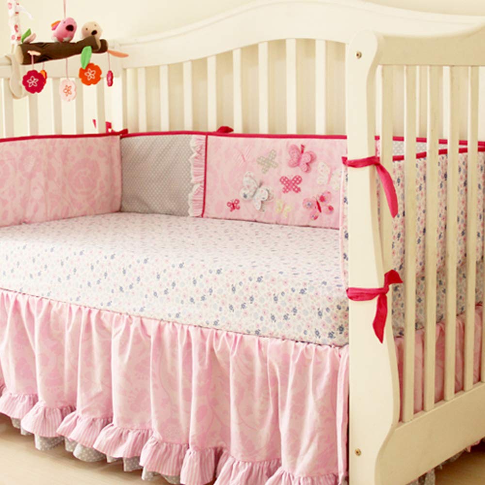 Brandream 5-Piece Pink Butterfly Nursery Bedding Set for Baby Girls - Crib Skirt, Fitted Sheet, Bumper Pads, Window Valance - Soft Cotton Crib Set for Infant & Toddler Bedrooms, Baby Shower Gift