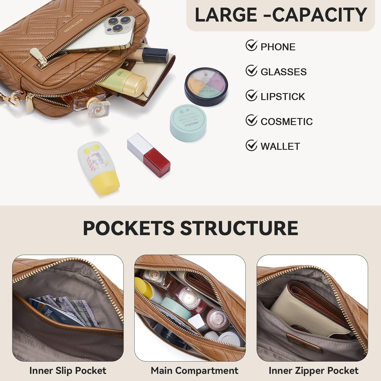 BOSTANTEN Women's Vegan Leather Crossbody Bag - Quilted Shoulder Purse with Adjustable Strap | Perfect for Work, Travel & Everyday Use