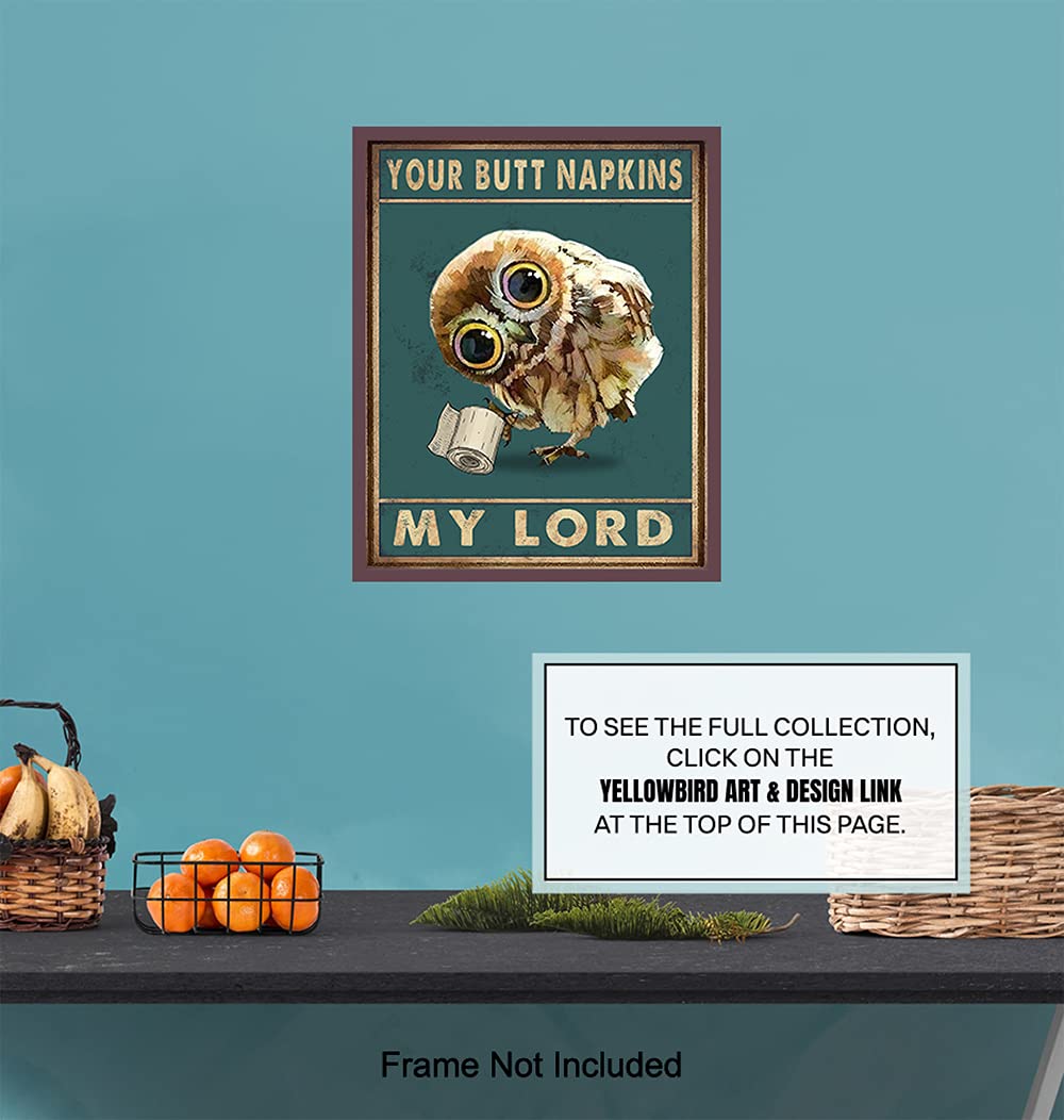 Funny Owl Wall Decor & Butt Napkins - Unique Bathroom Wall Art for Powder Room & Guest Bath - Cute Restroom Sign & Decor for Women - Perfect for Home, Office, or Gift