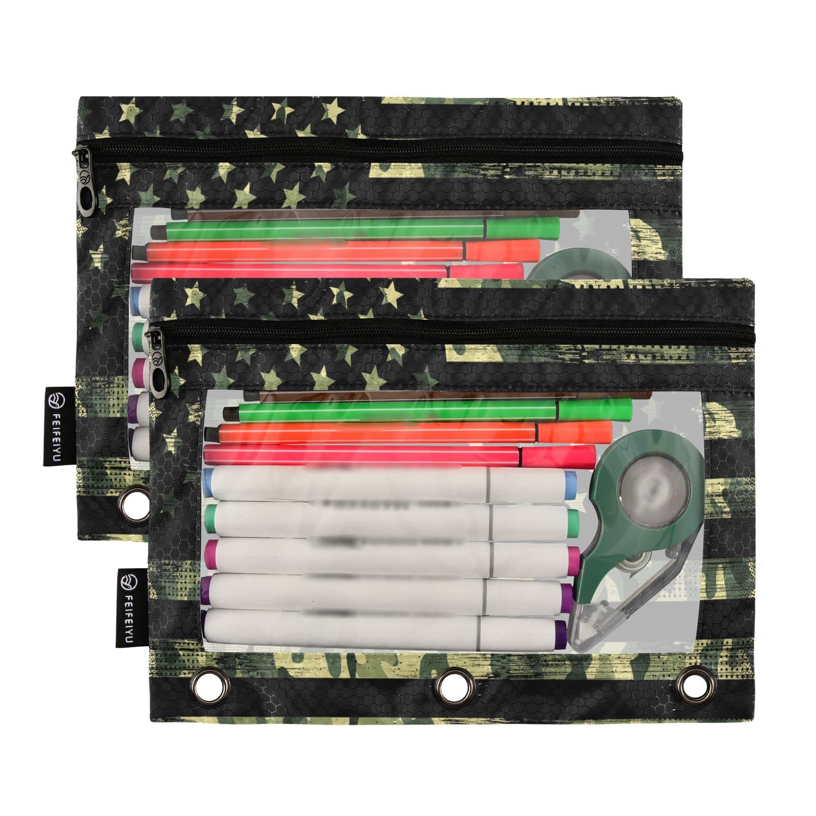 ALAZA American Flag Green Camo 3-Ring Binder Pencil Pouch with Clear Window Zipper - 2 Pack School & Office Supplies for College Students, Teachers & Professionals - Perfect for Organizing Pens, Pencils & Cosmetics in Binders