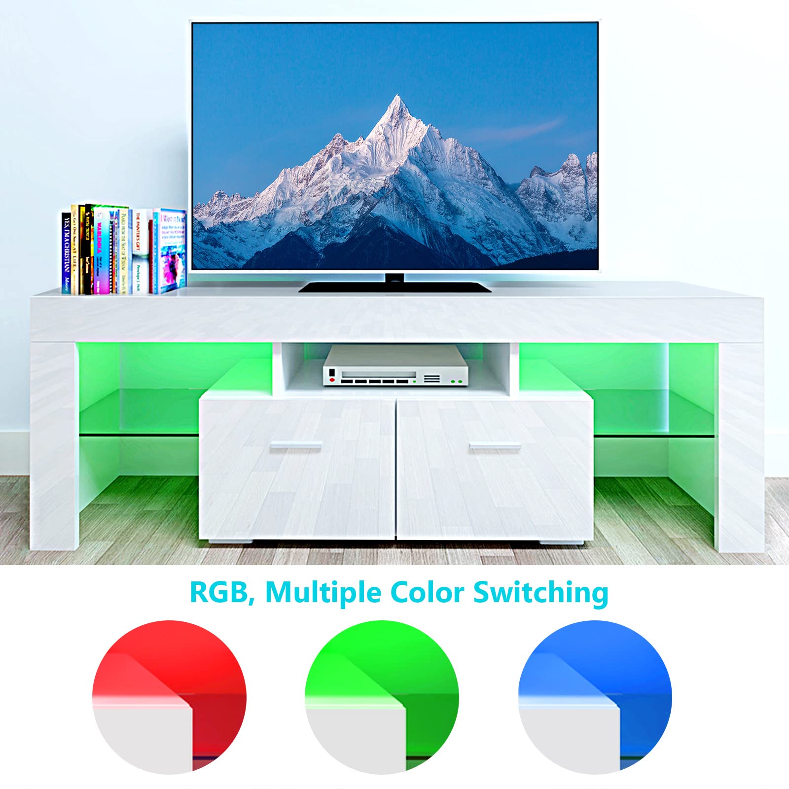 BNSPLY 55 Inch TV Stand with LED Lights - Modern Smart TV Cabinet for Living Room, High Gloss White Entertainment Center with Storage Shelves & 2 Drawers - Perfect for Home Theater, Gaming Setup & Living Room Decor