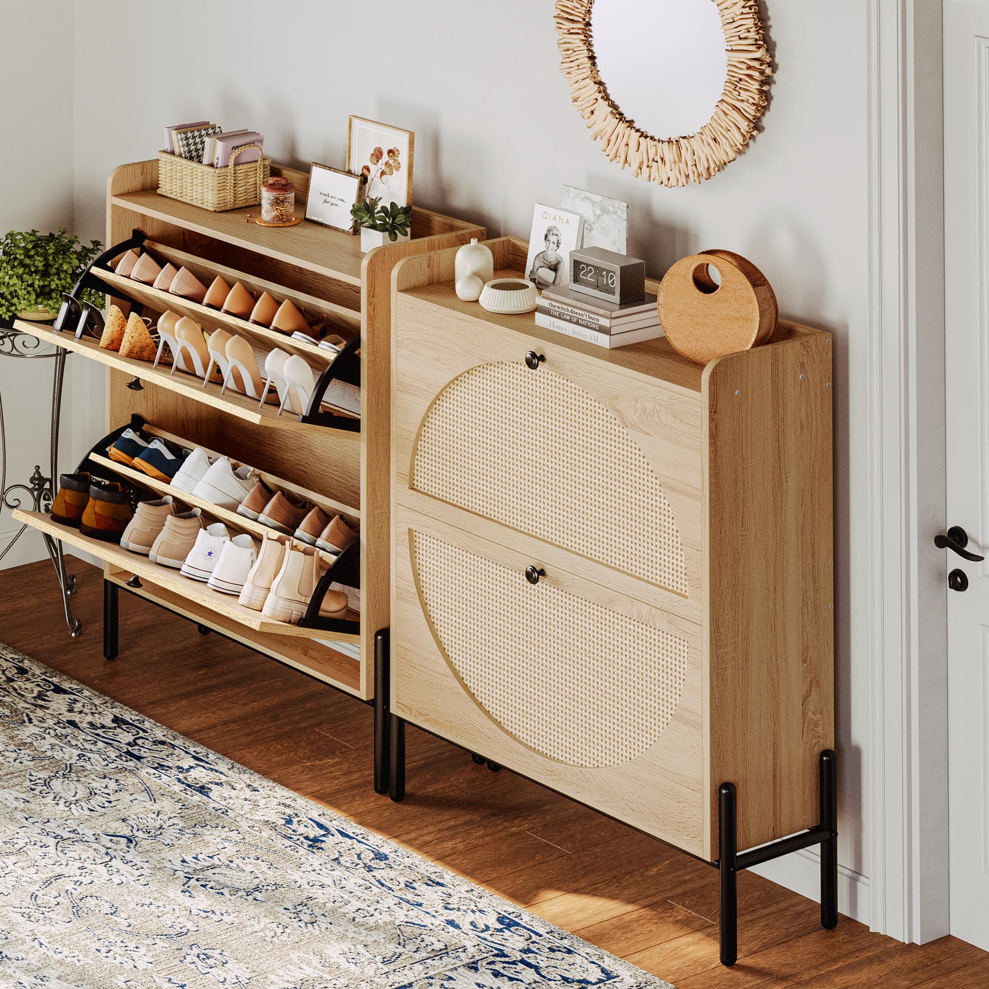 IRONCK 2-Tier Flip Drawer Shoe Cabinet - Free Standing Wooden Shoe Storage Organizer with Rattan Doors - Narrow Entryway Shoe Rack for Hallway, Bedroom, or Closet - Oak Finish (Space Saving Shoe Organizer)