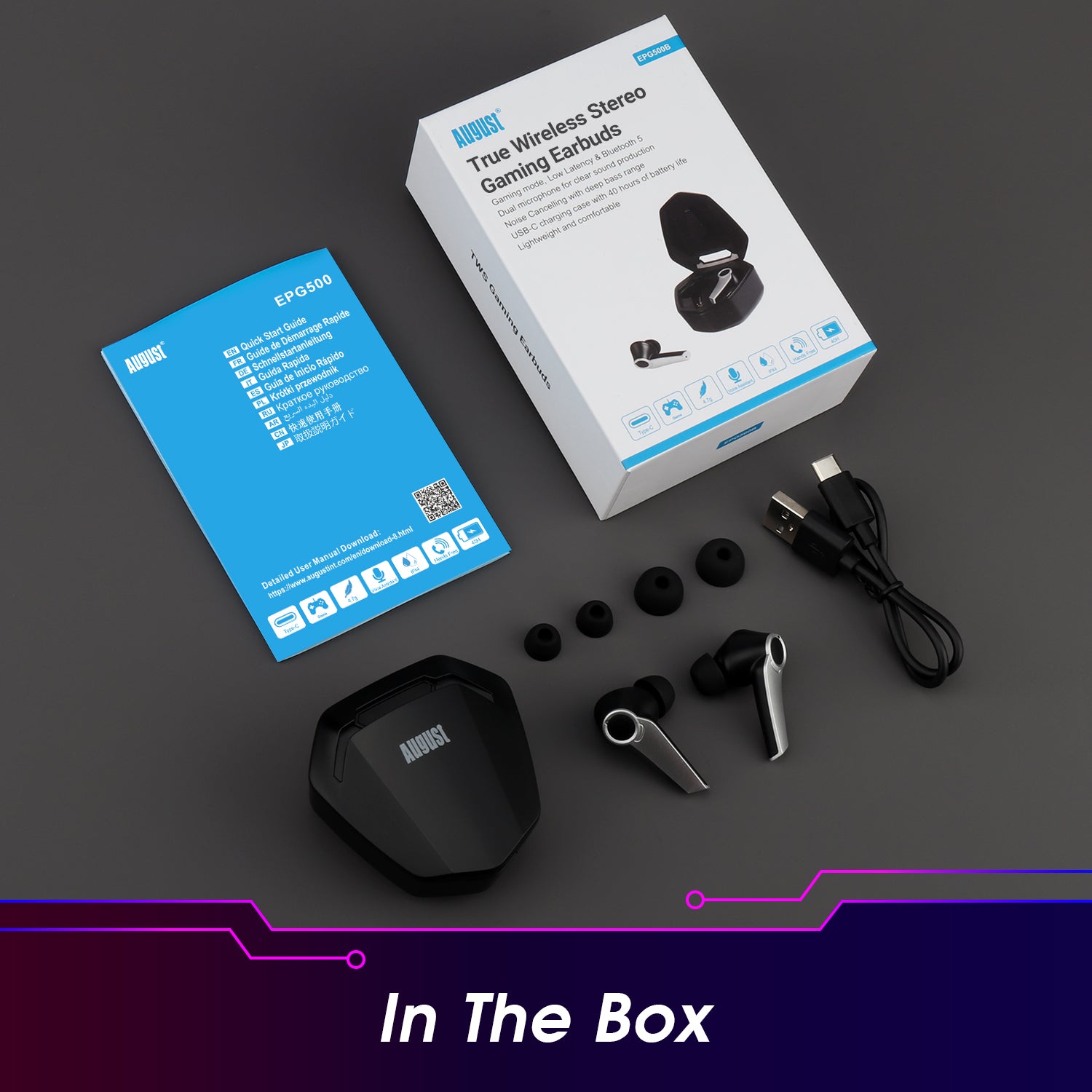 Refurbished August EPG500 Bluetooth Gaming Earphones with Dual Microphone & USB-C Charging Case - Wireless Headset for PC, Mobile Gaming & Work Calls