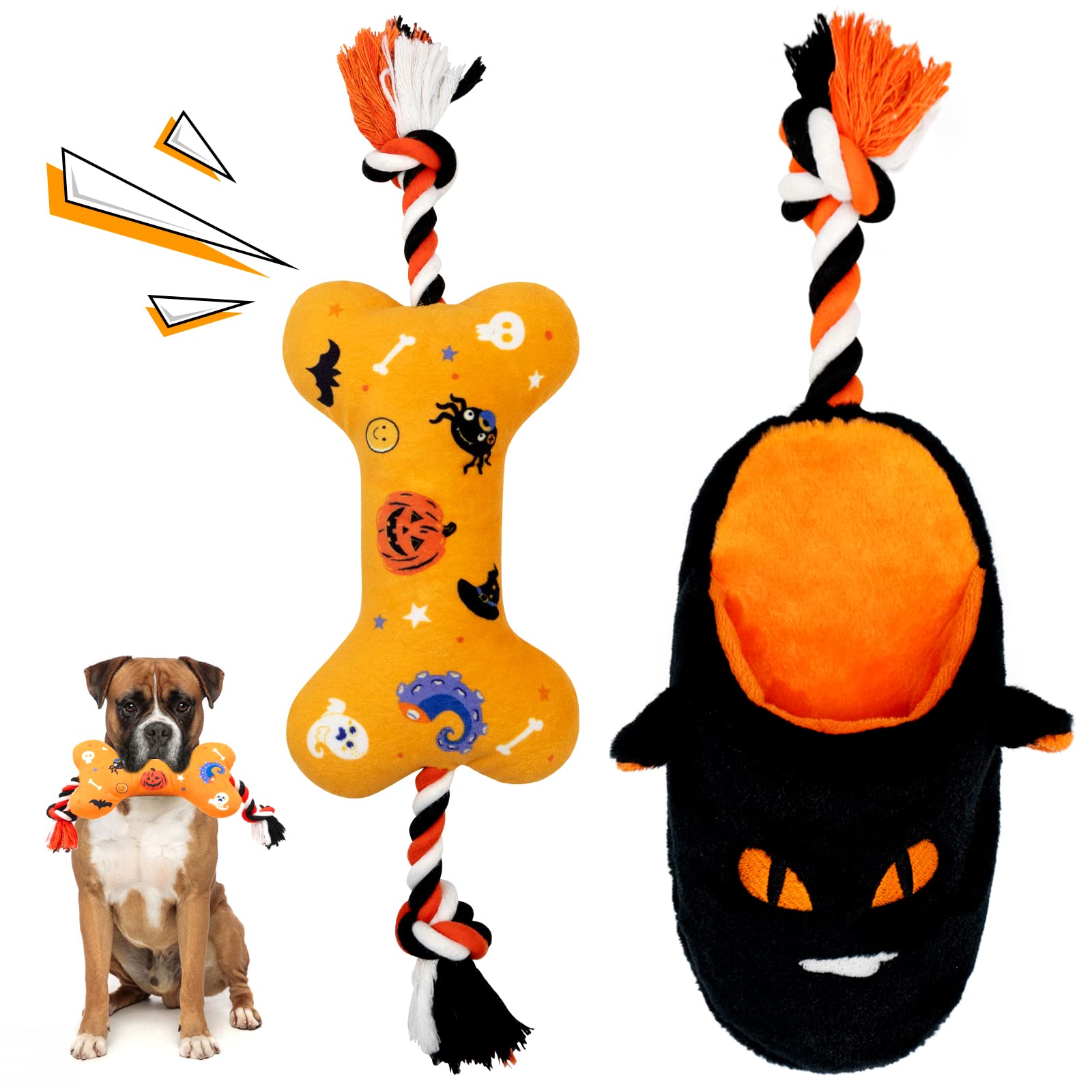 Lepawit Halloween Dog Rope Toys - Squeaky Plush Slipper & Crinkle Bone Interactive Dog Toys for Medium Large Dogs | Tug-of-War, Chewing & Playtime Fun for Pets