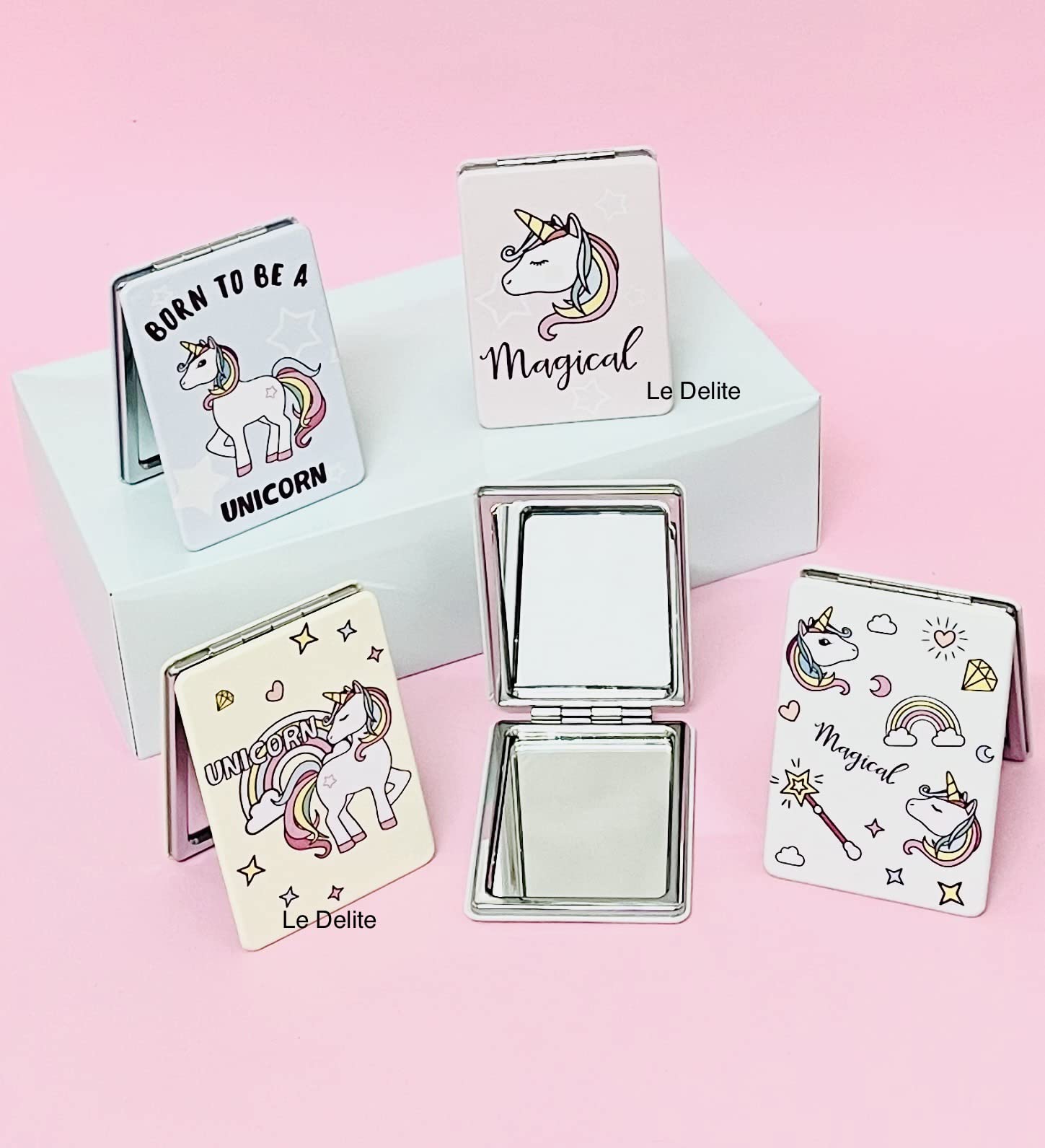 Portable Unicorn Folding Mirror (2 Pack) - Cute Cartoon Printed Compact Cosmetic Mirror with Nail Clipper - Perfect Gift for Girls & Teens - Great for Travel, Makeup, and School Essentials